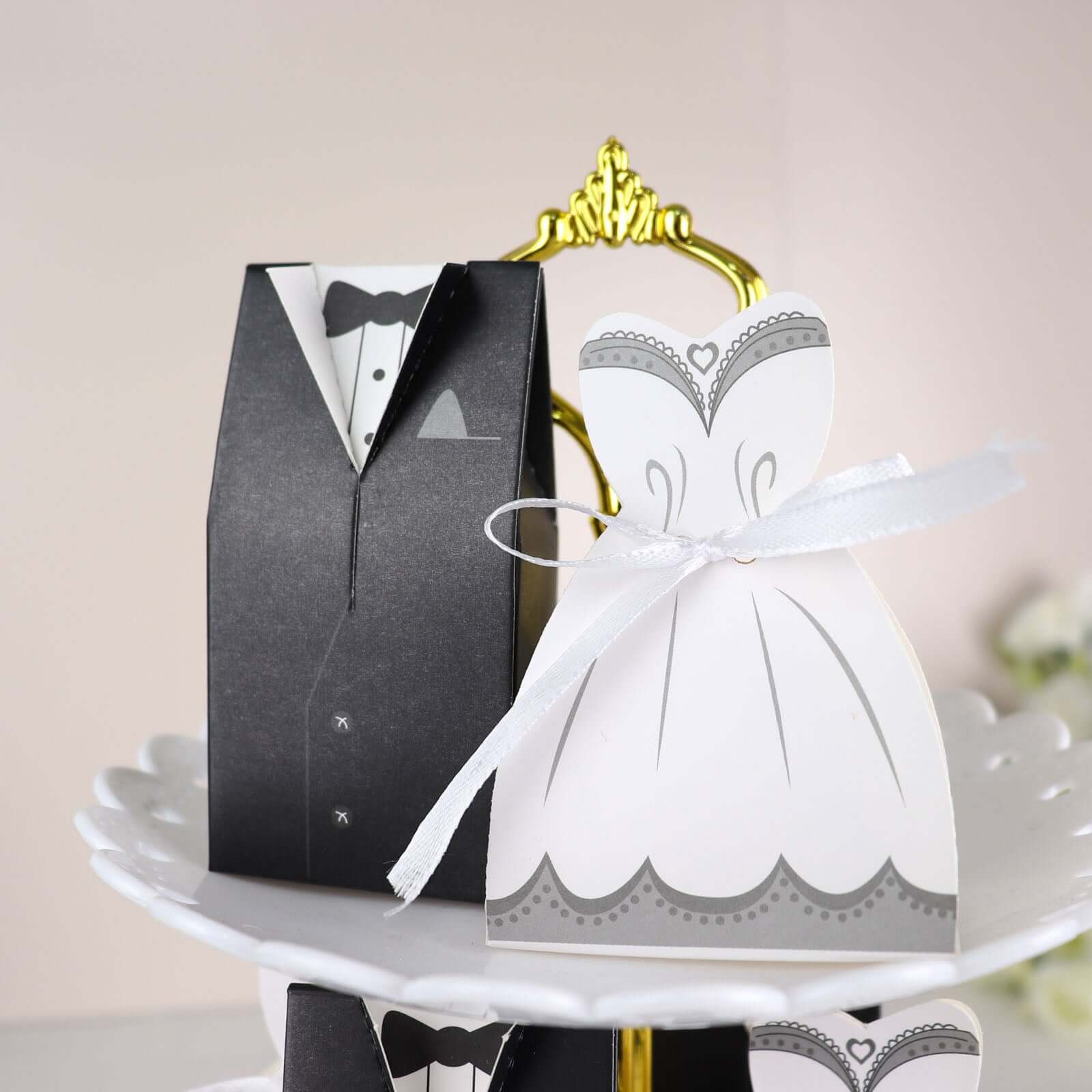 50 Pcs Set Wedding Dress and Tuxedo Shower Party Favor Candy Gift Boxes with Ribbon Ties