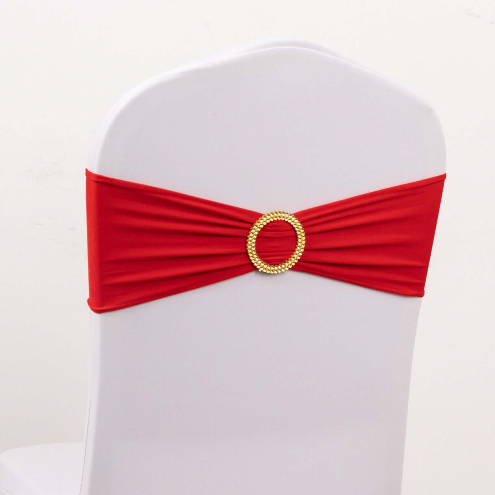 5 Pack Spandex Chair Sashes Red with Gold Rhinestone Buckles - Reusable Four-Way Stretch Sash Bands 5x14