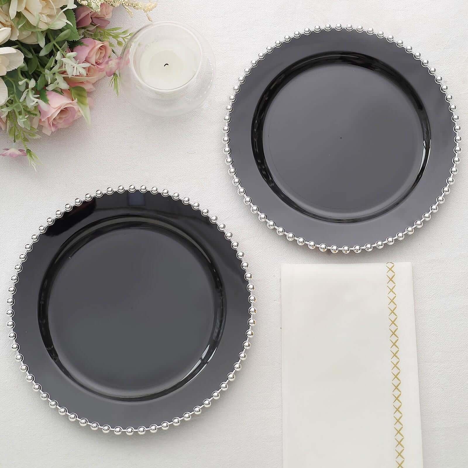 10-Pack Plastic 8 Round Appetizer Dessert Plates in Black with Silver Beaded Rim - Disposable Salad Plates