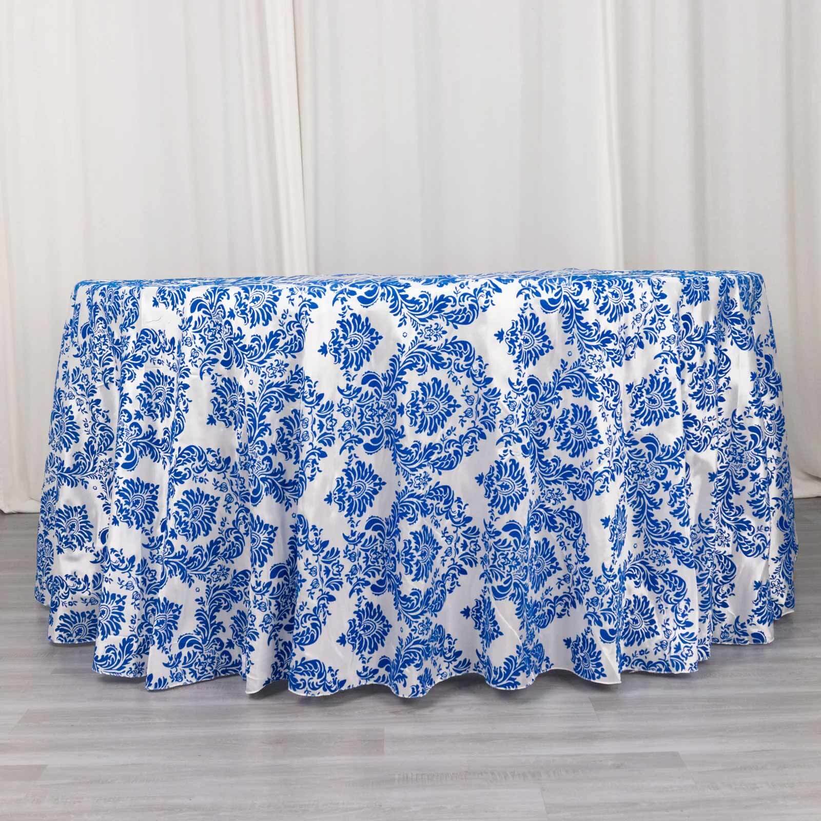 Taffeta 120 Round Tablecloth Royal Blue - Seamless Velvet Flocking Damask Table Cover