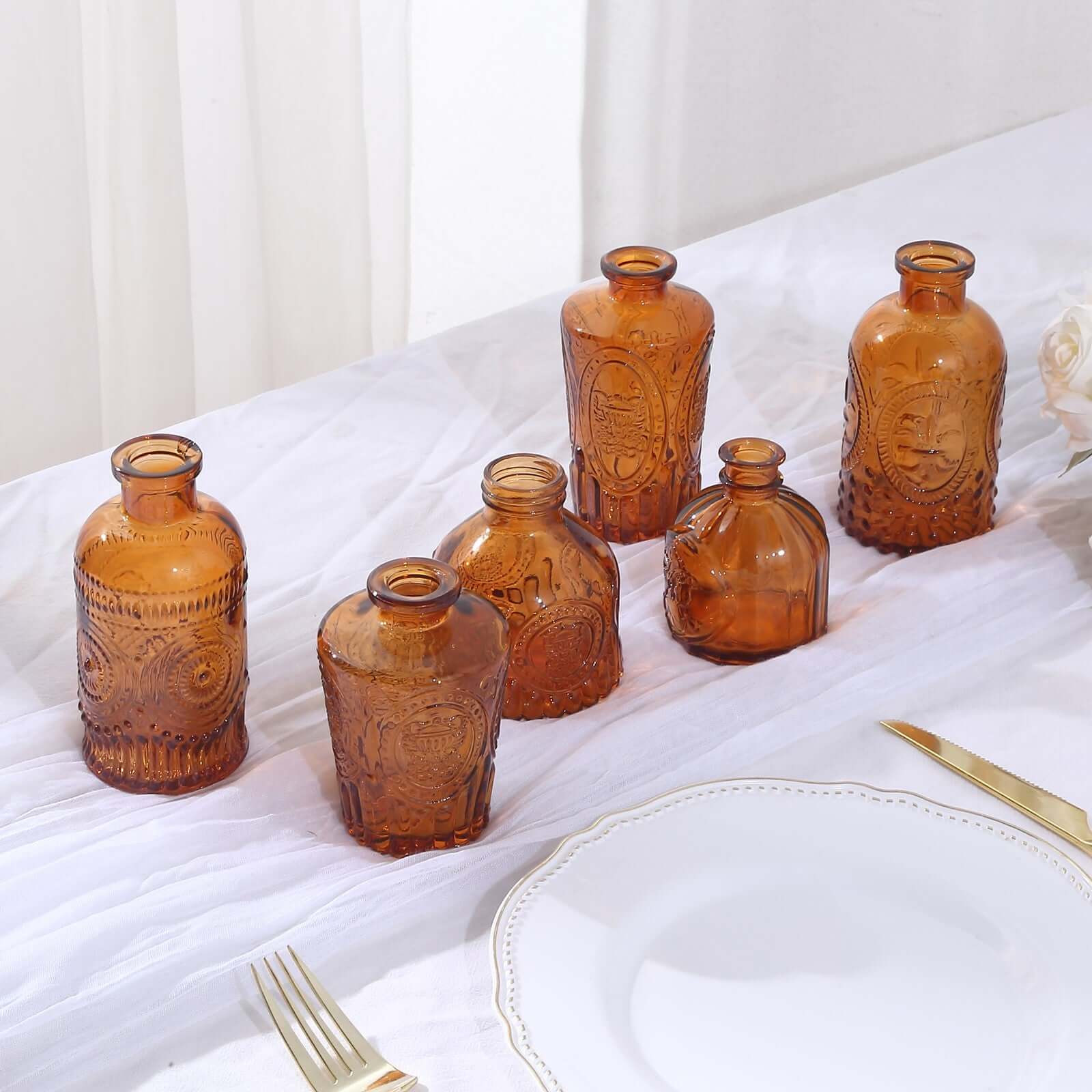 Set of 6 Embossed Glass Bud Vases Vintage Amber Gold - Apothecary Style Decorative Table Centerpieces