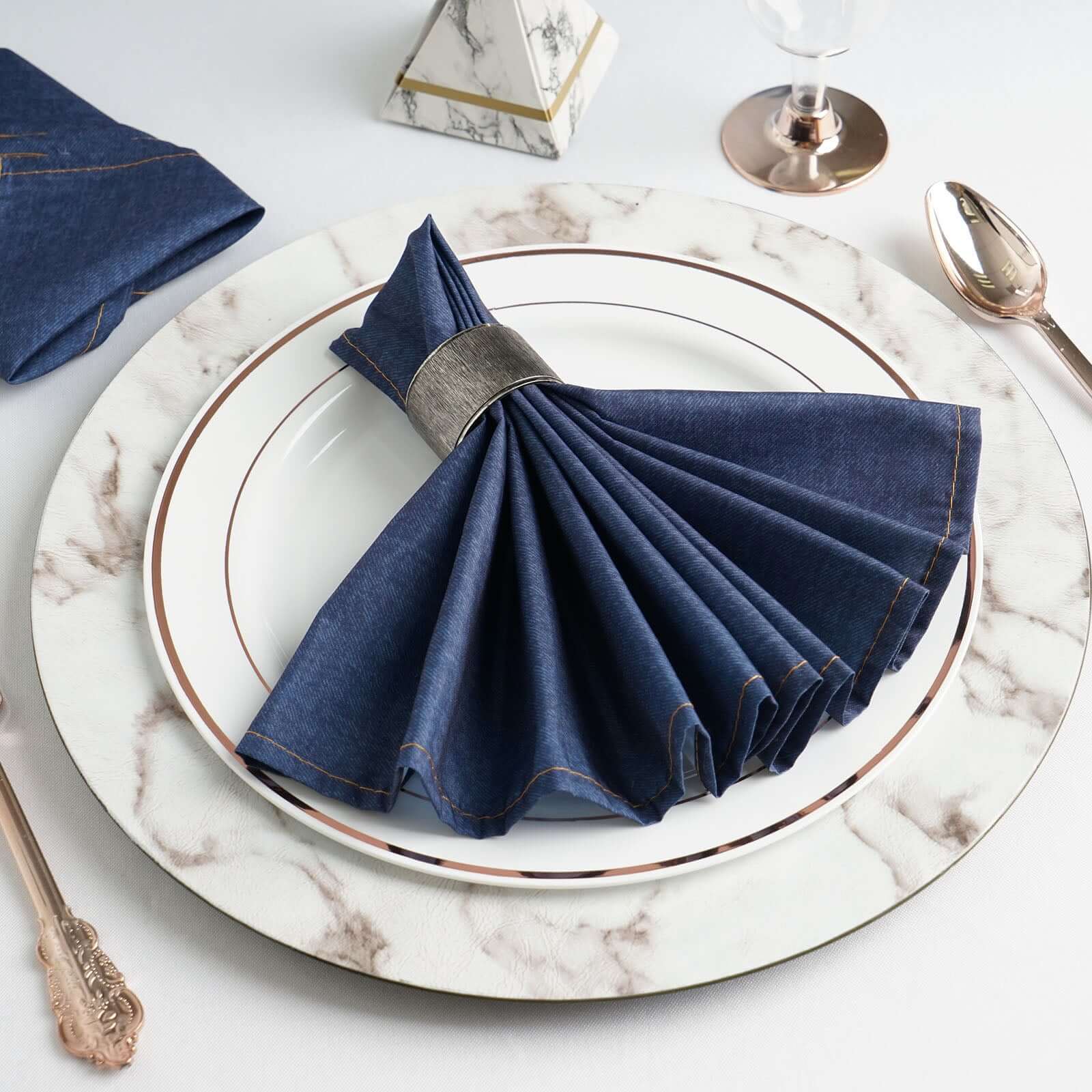 5 Pack Polyester 17x17 Napkins Navy Blue Faux Denim Style Dinner Napkins for Casual Gatherings & Themed Events