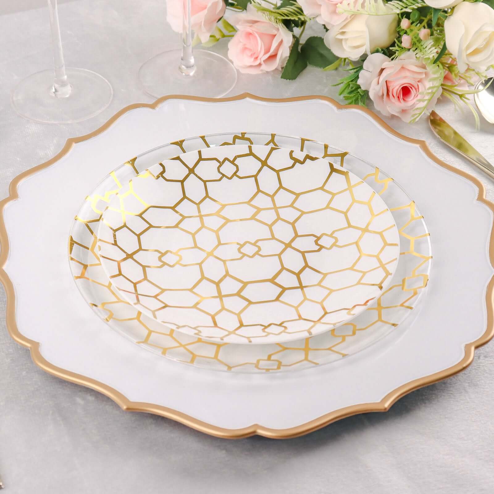 20-Pack Set Plastic Round Dinner and Salad Plates in White & Clear with Geometric Gold Print - Modern Disposable Dinnerware Set for Weddings & Celebrations 9, 7