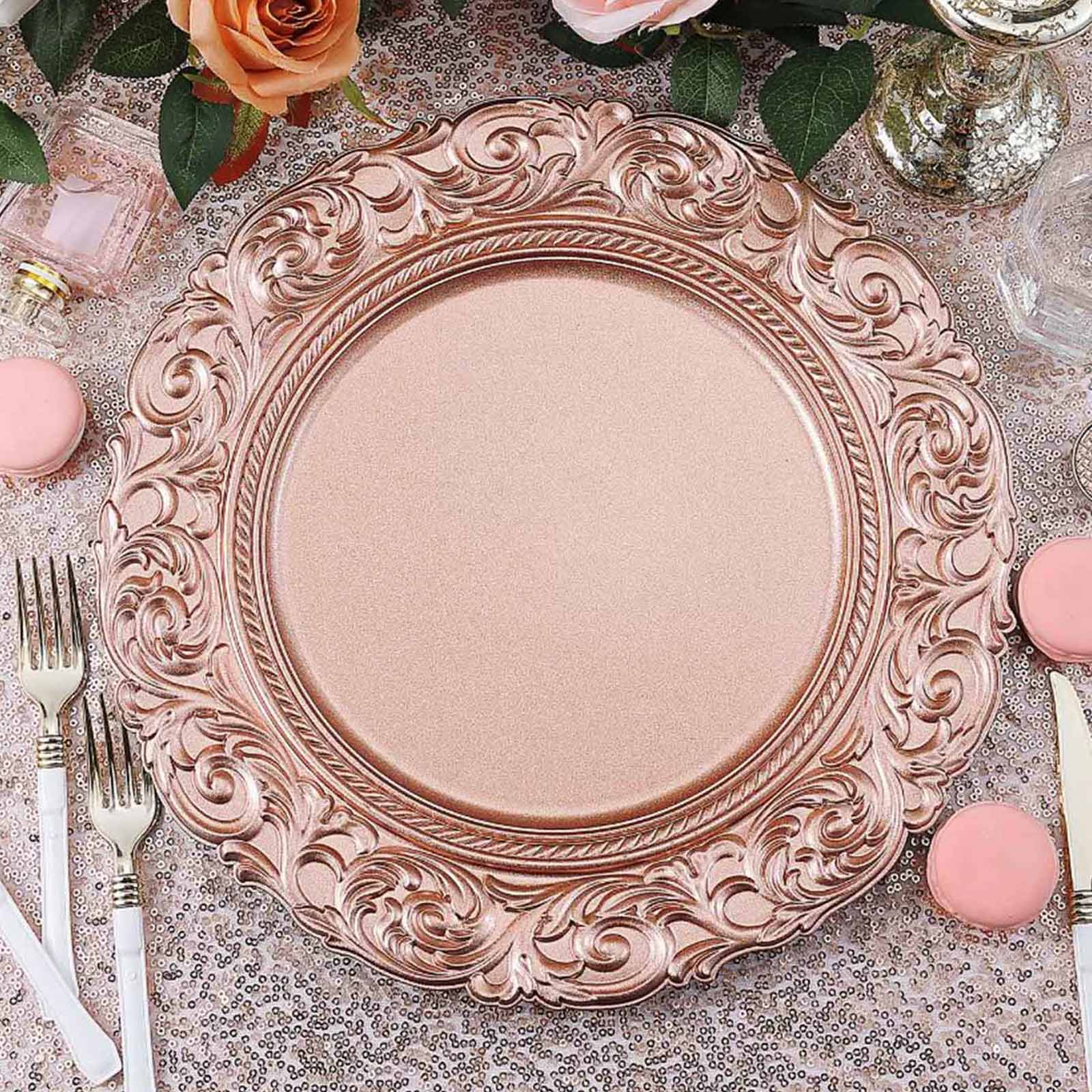 6-Pack Acrylic Round Charger Plates 14 in Rose Gold with Engraved Baroque Rim, Vintage Disposable Decorative Chargers