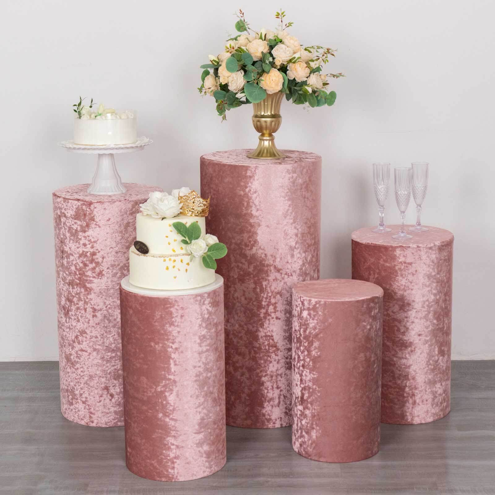 Set of 5 Dusty Rose Crushed Velvet Cylinder Pedestal Stand Covers, Premium Pillar Prop Covers