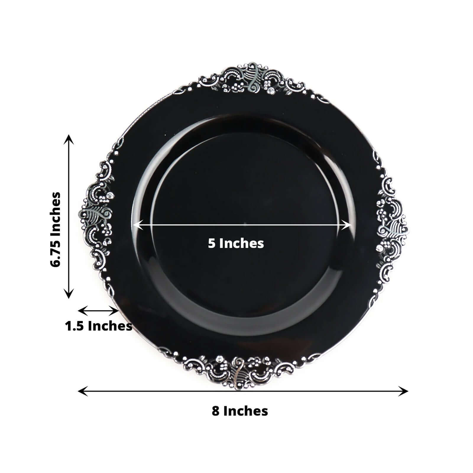 10-Pack Plastic 8 Round Dessert Plates in Black with Silver Leaf Embossed Rim - Disposable Vintage Baroque Style Salad Plates