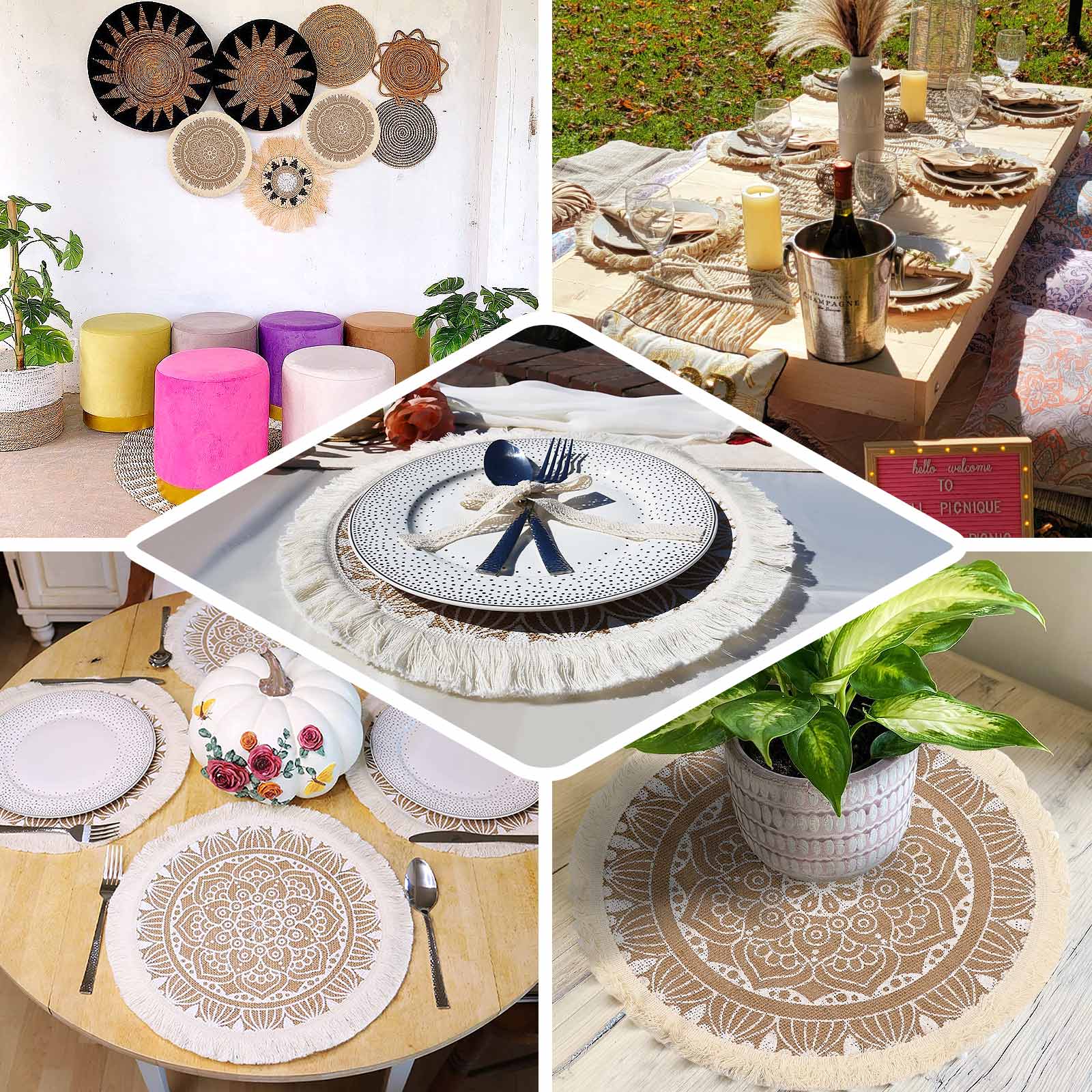 4-Pack Placemats Mandala Print Fringe Design Natural Jute and White Round - Rustic Burlap Tassel Style 15