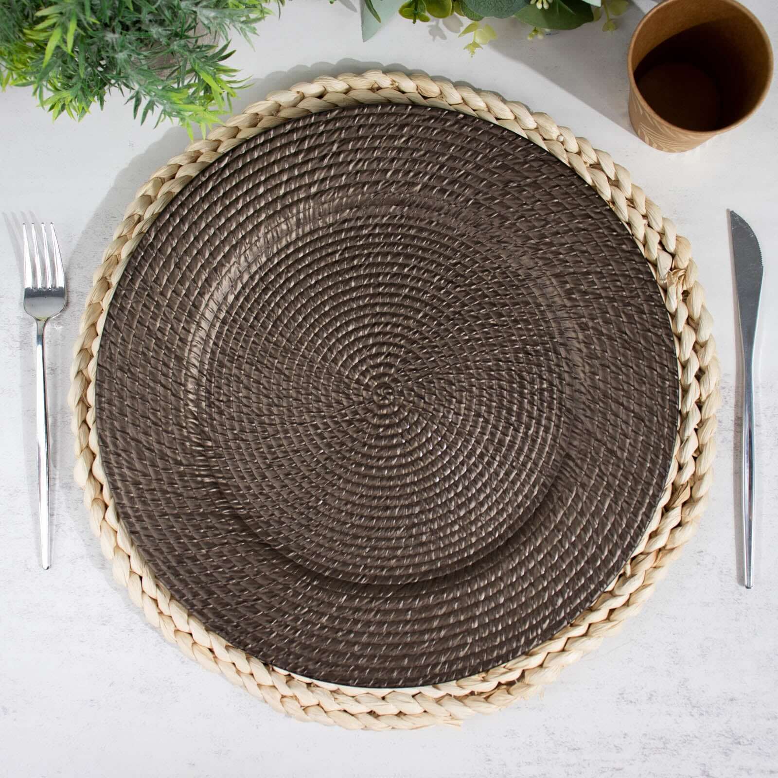 6-Pack Acrylic Round Charger Plates 13 in Natural Brown with Rattan-Like Design, Farmhouse Disposable Plastic Charger Tableware