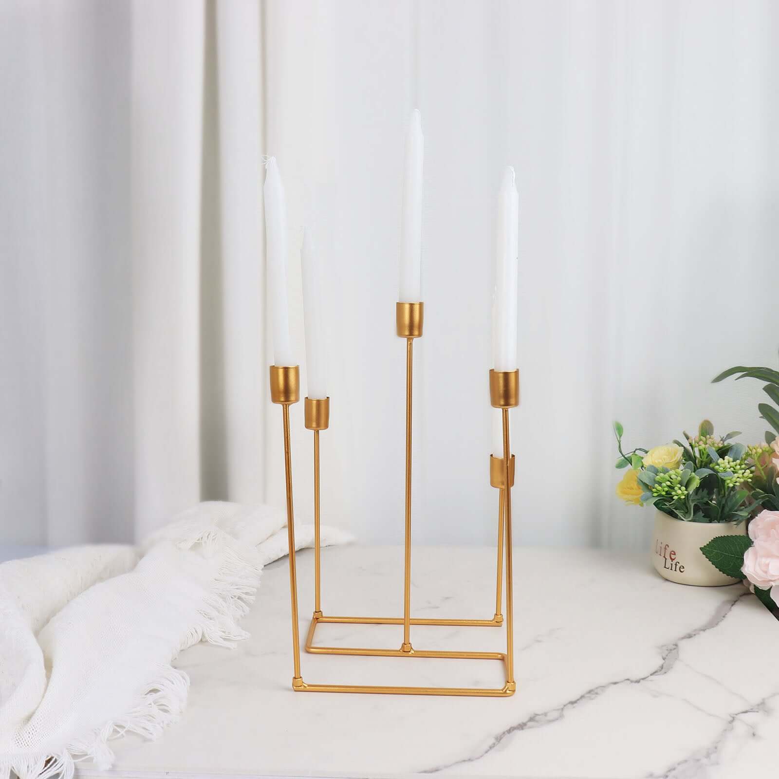 Taper Candle Holder Gold Metal 5-Arm Geometric Candelabra Design - Decorative Piece for Banquets and Celebrations 12