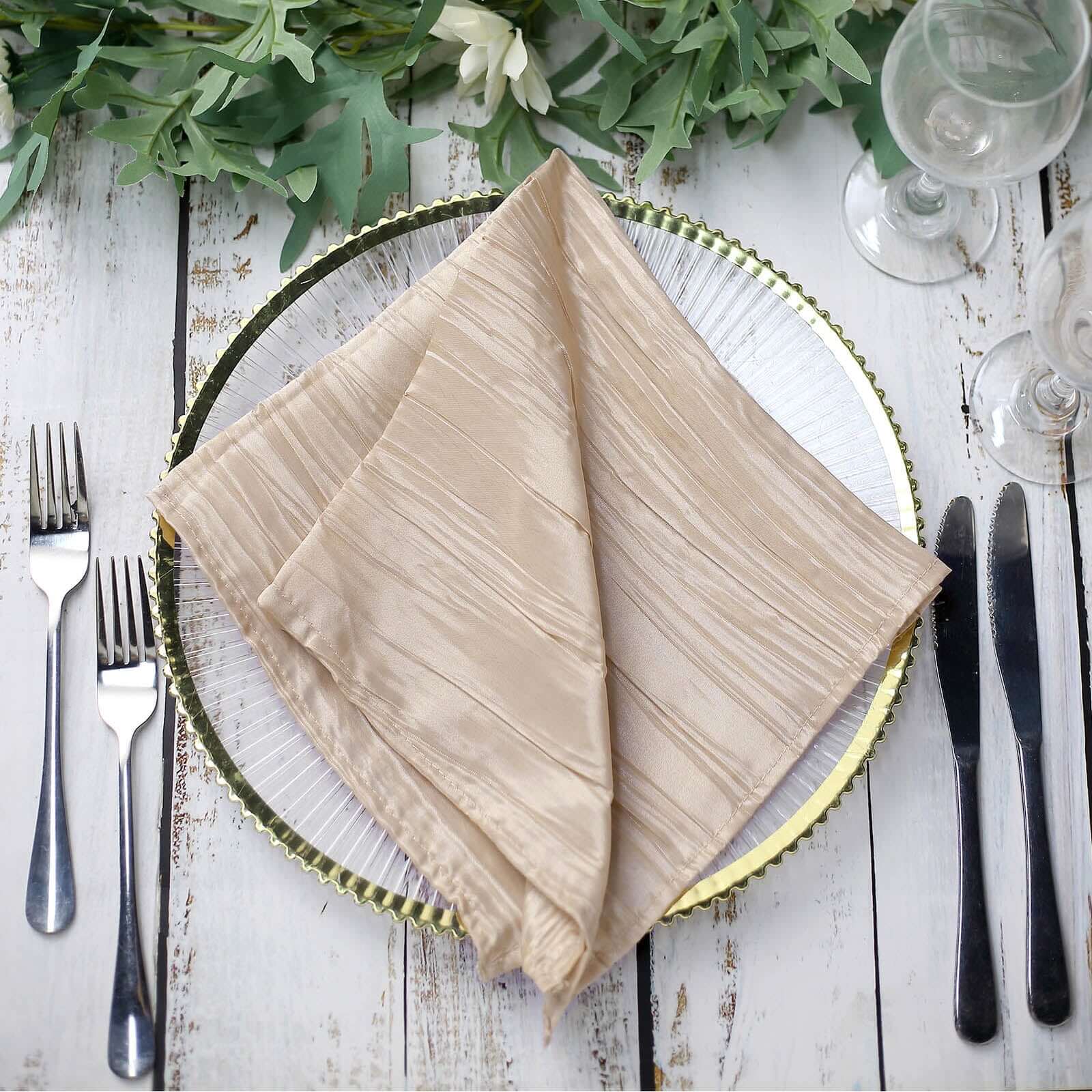 5 Pack Taffeta 20x20 Napkins Beige - Accordion Crinkle Dinner Napkins