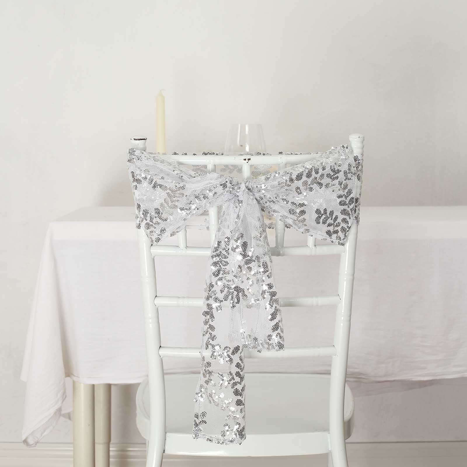 5 Pack Tulle Chair Sashes with Leaf Vine Embroidered Sequins Silver 6x88