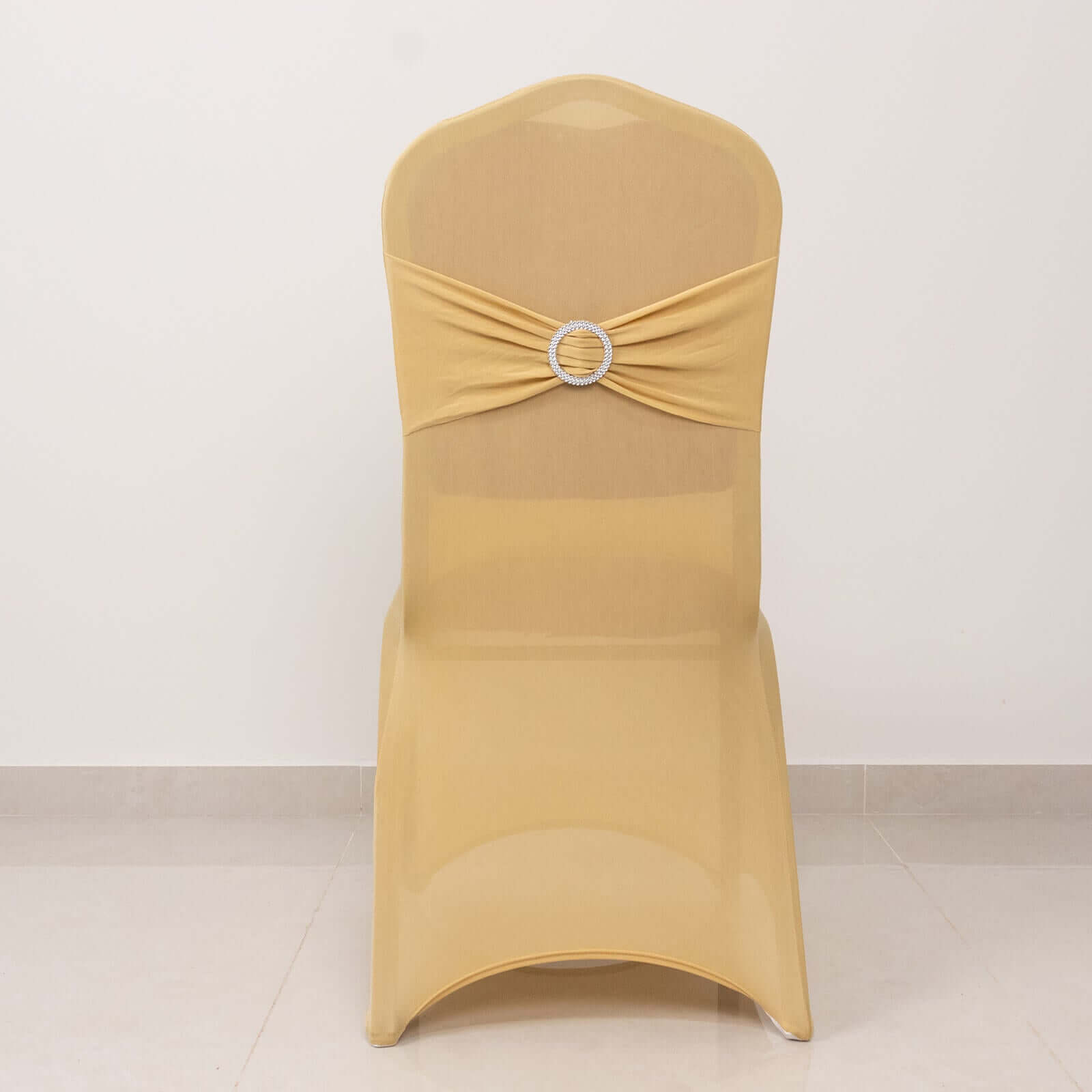 Spandex Chair Cover with Champagne Rhinestone Buckled Sash Band Blush - Stretch Fitted Slipcover