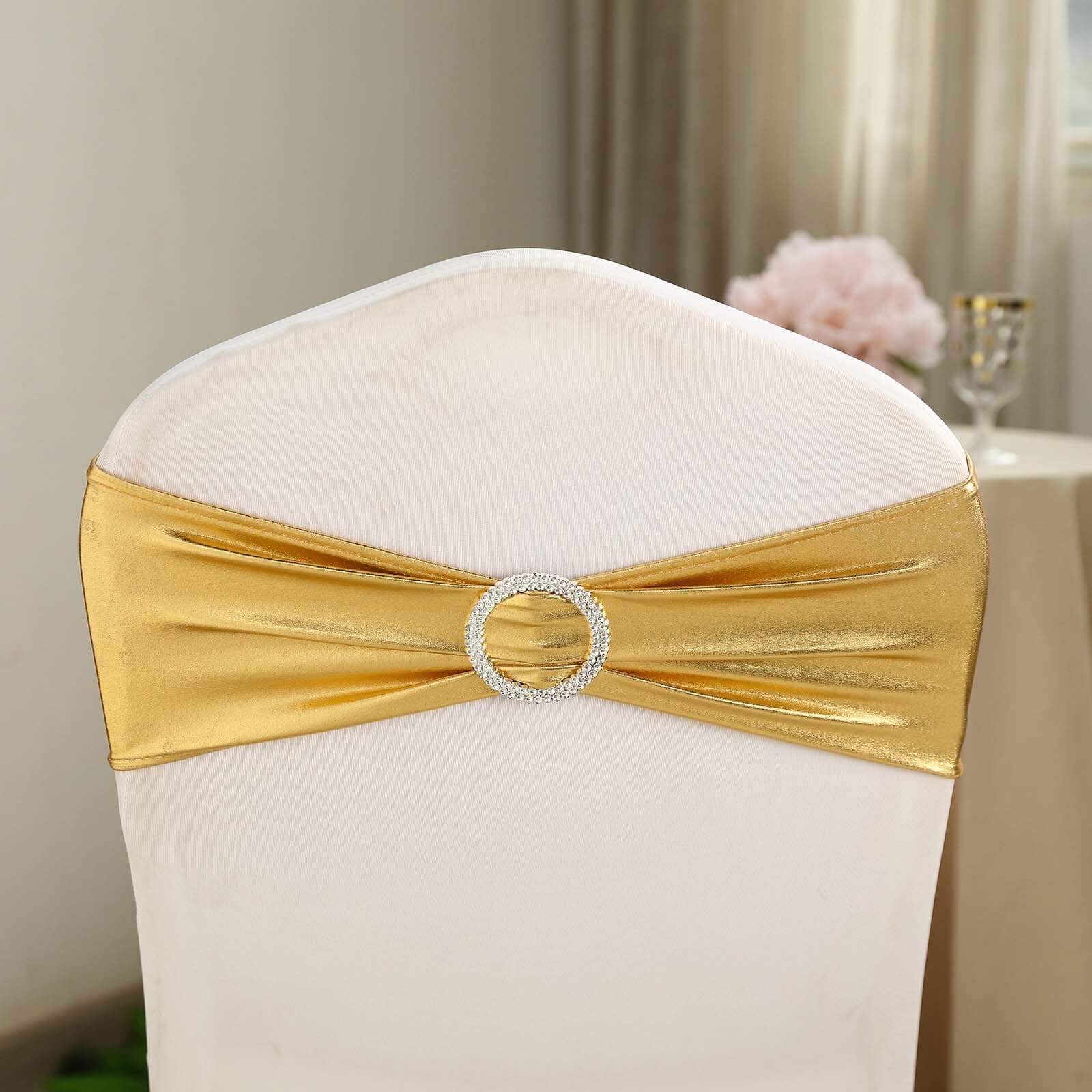 5 Pack Metallic Spandex Chair Sashes Gold - Stretch Fit Chair Bands With Round Diamond Buckles for Glamorous Event Decor