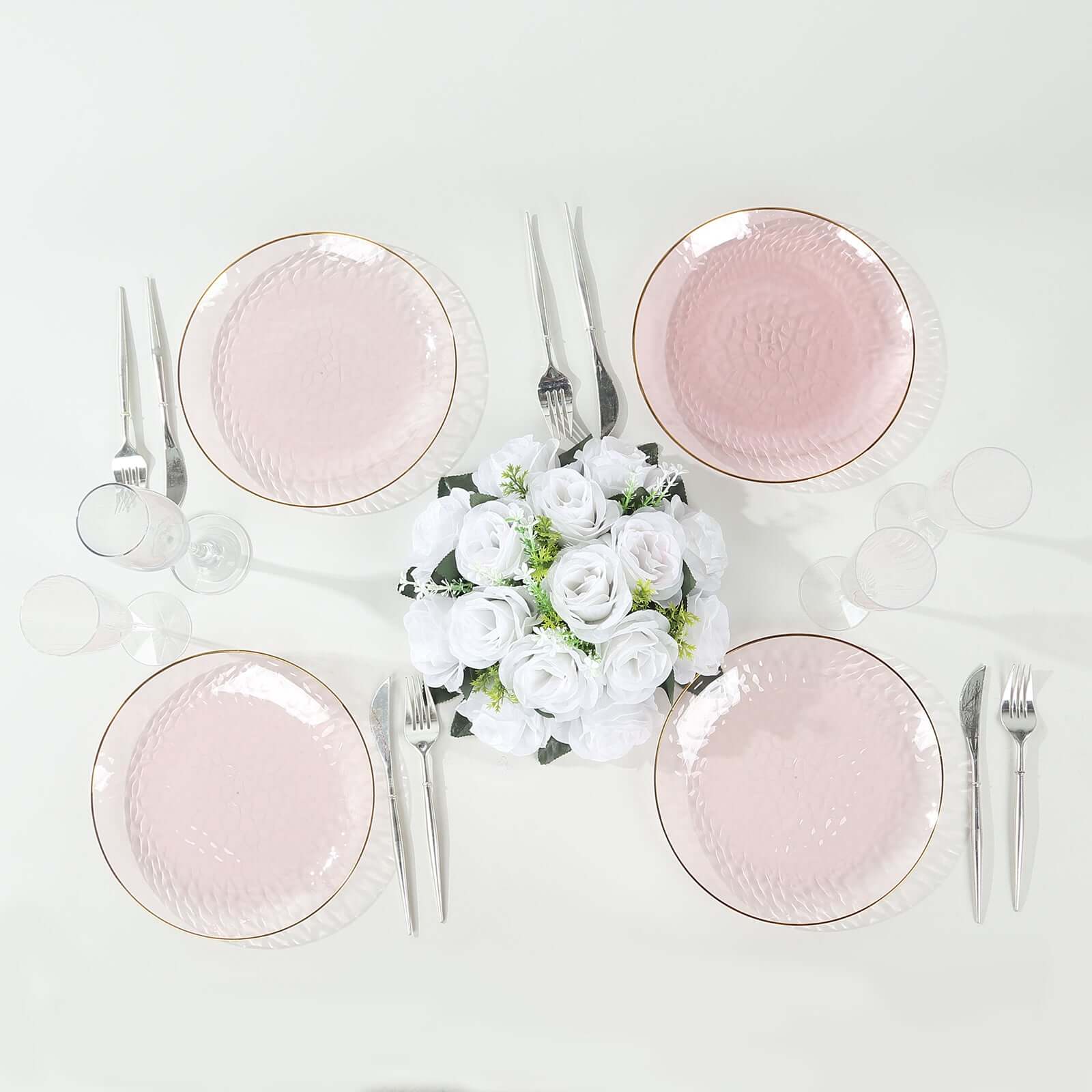 10-Pack Plastic 9 Round Dinner Plates in Transparent Blush Hammered Design with Gold Rim - Modern Disposable Party Plates