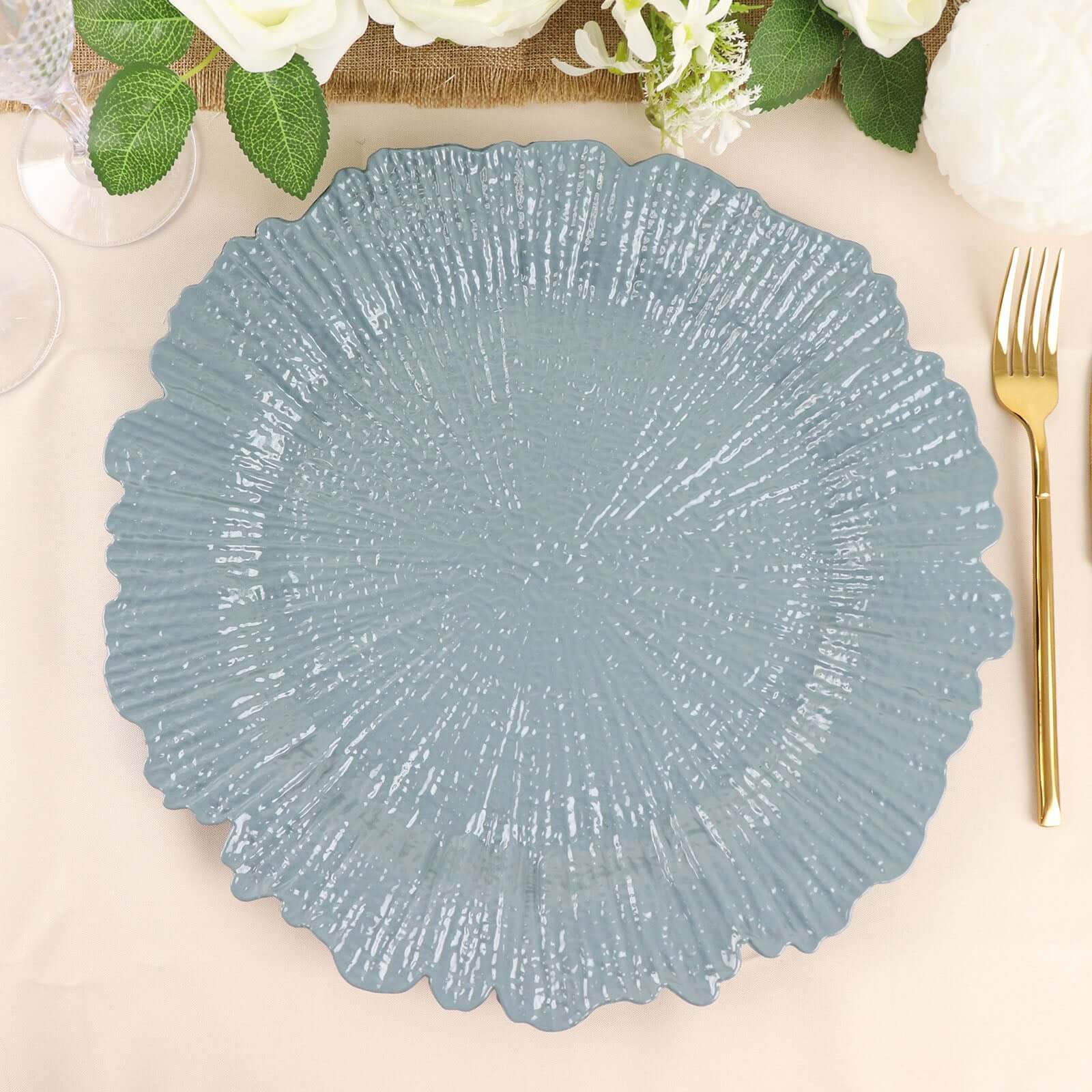 6-Pack Acrylic Plastic Round Charger Plates 13 in Dusty Blue with Reef Design, Dinner Charger Tableware