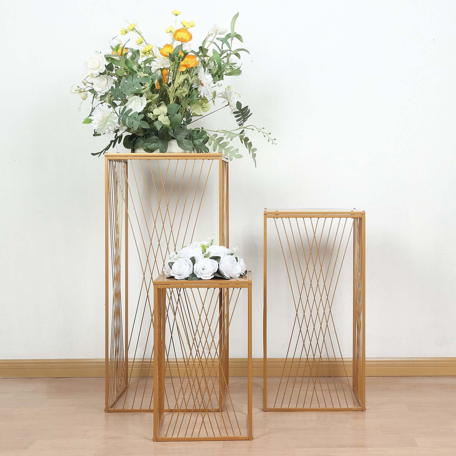 Set of 3 Gold Metal Rectangular Plant Stands with Geometric Crossed Lines Pattern, Nesting Cake Dessert Tables Floral Display Stands - 19,27,35