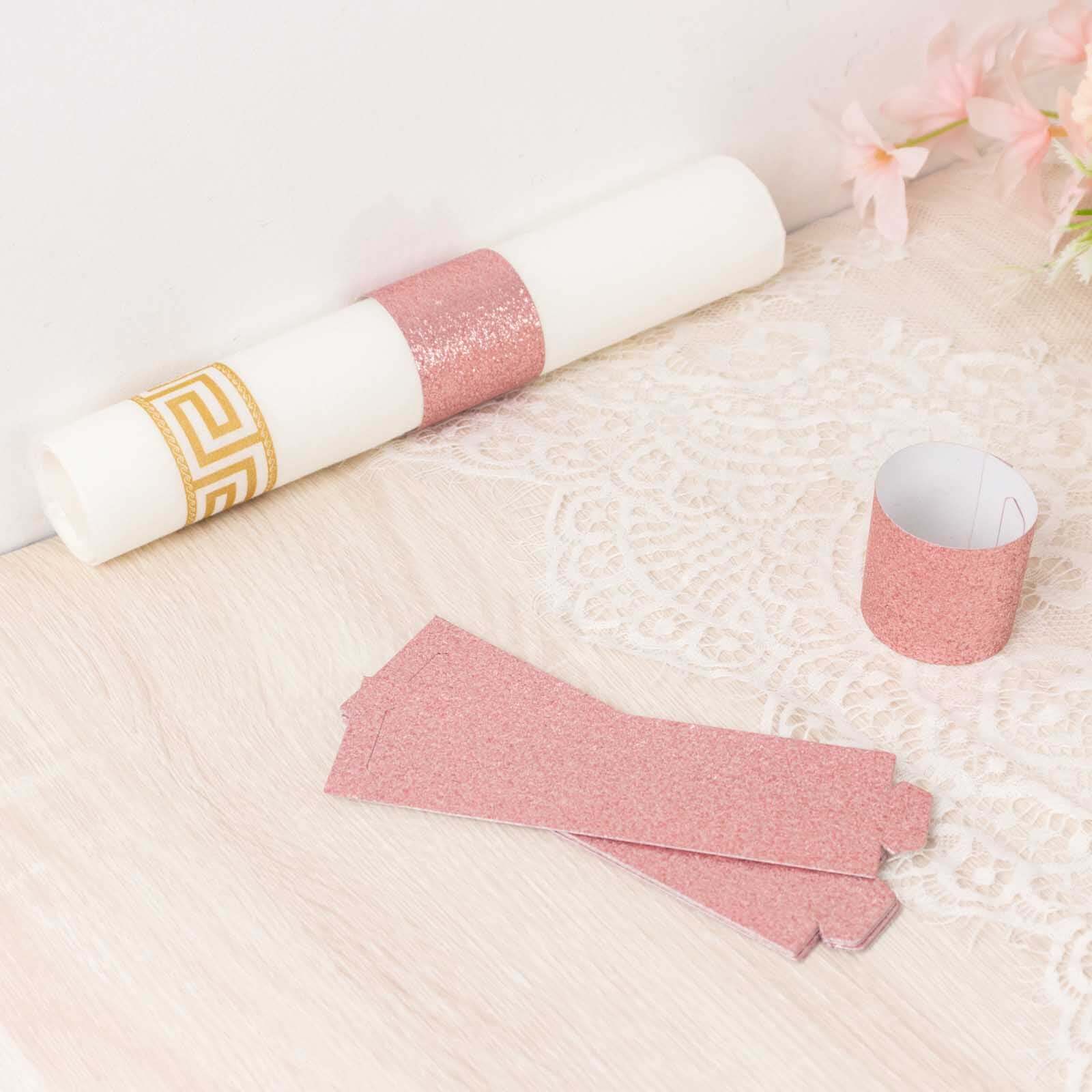 50-Pack Paper Napkin Rings Rose Gold Glitter - Stylish Disposable Napkin Holders 1.5