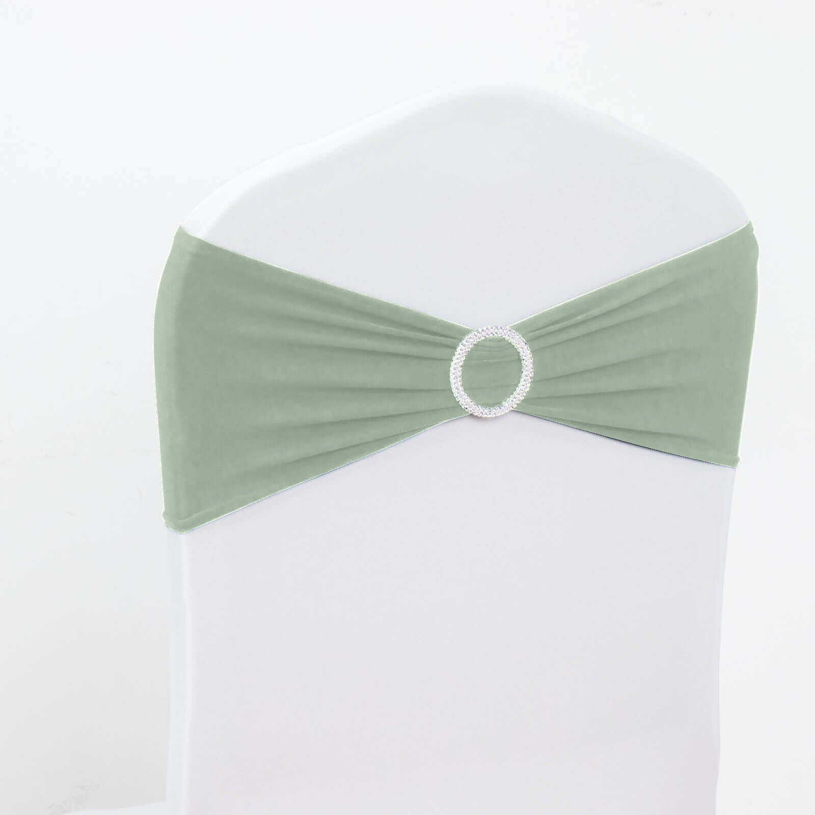 5 Pack Stretch Spandex Chair Sashes Sage Green - Reusable Chair Bands with Silver Diamond Ring Slide Buckle 5x14