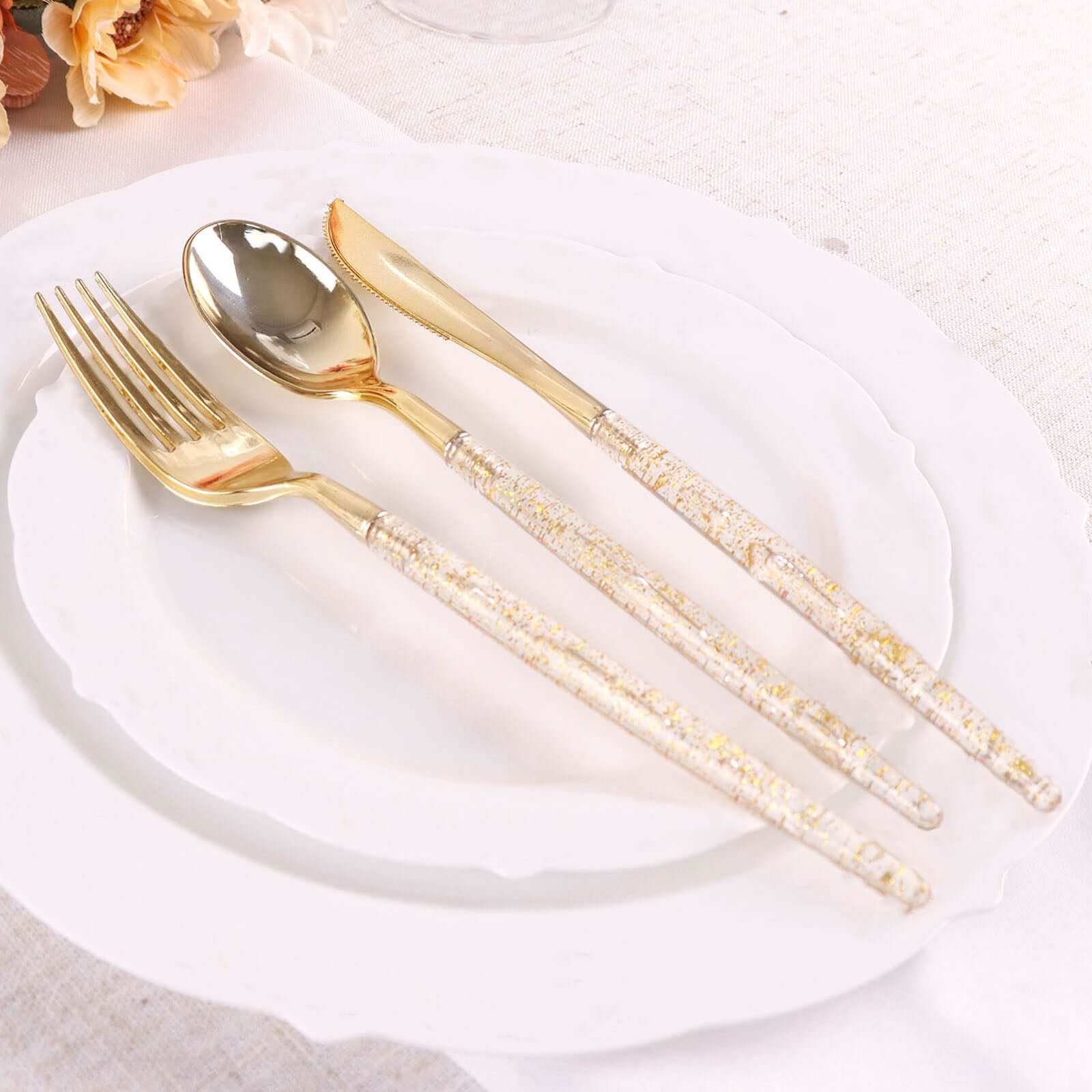 24-Pack Plastic Cutlery Set Metallic Gold with Gold Glitter - Stylish Disposable Silverware-Pack 8