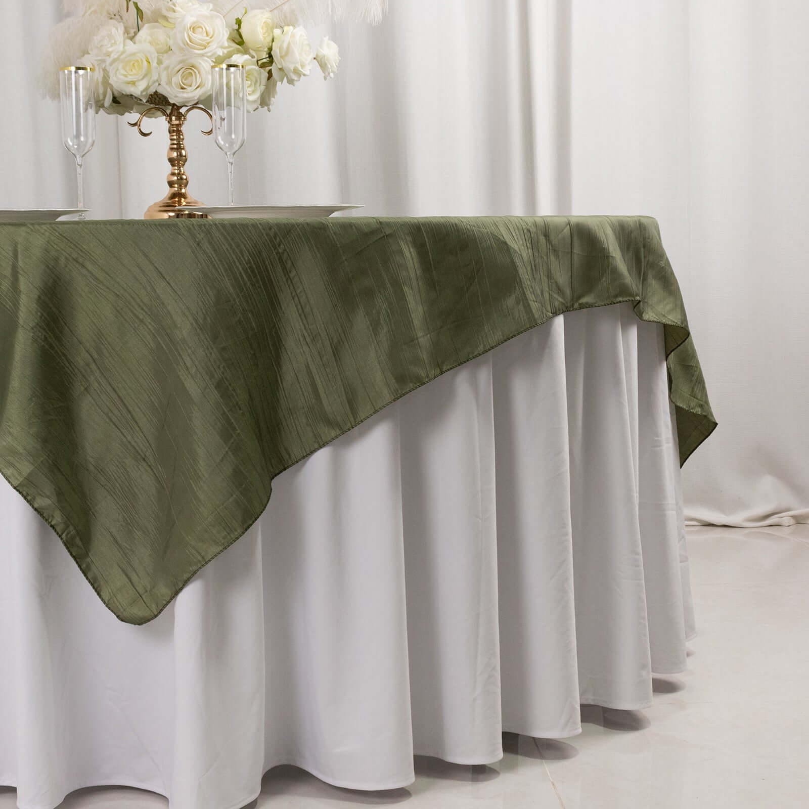 Taffeta 72x72 Table Overlay Square Tablecloth Dusty Sage Green - Accordion Crinkle Table Cover