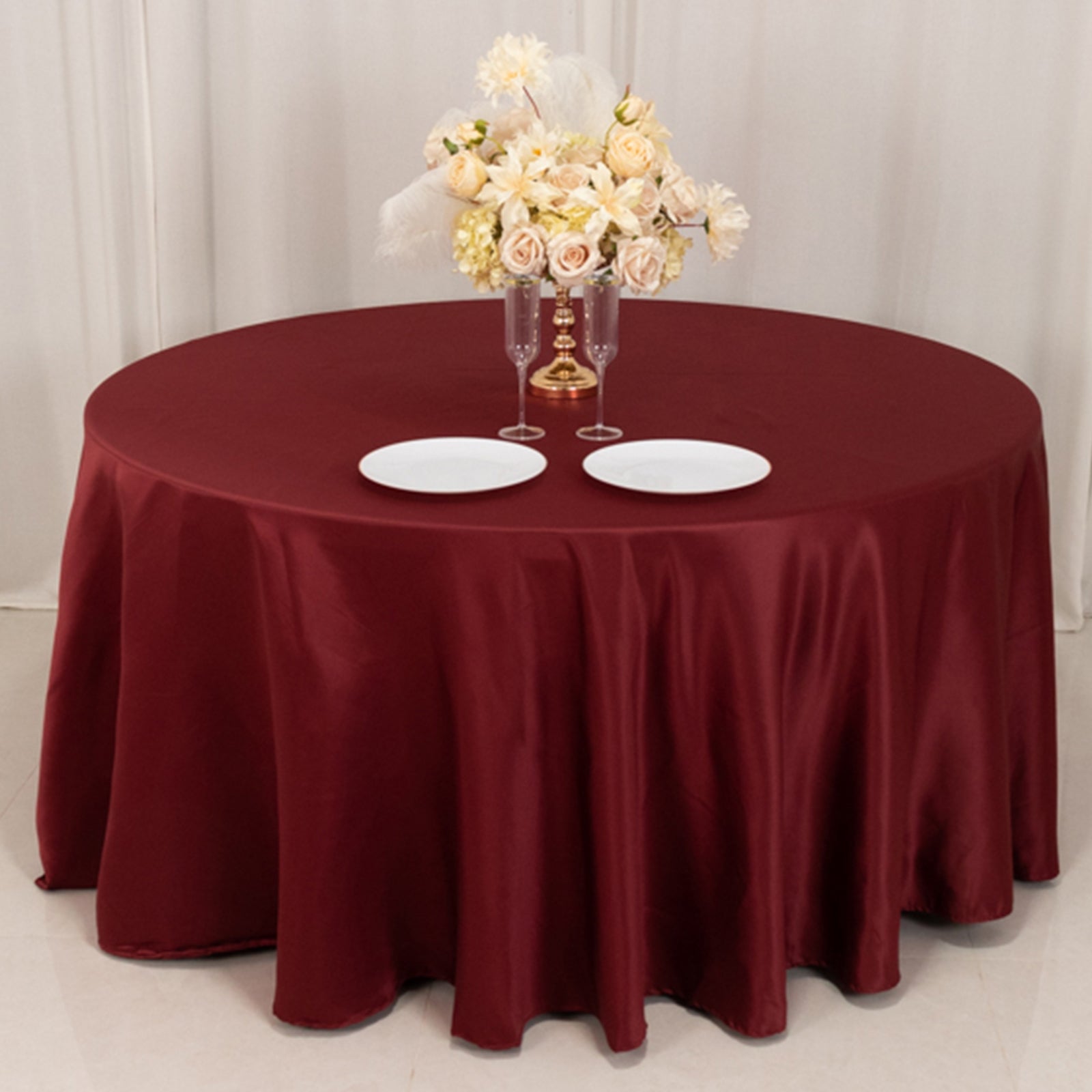 Lamour Satin 120 Round Tablecloth Burgundy - Seamless Table Cover with Soft Tempered Sheen