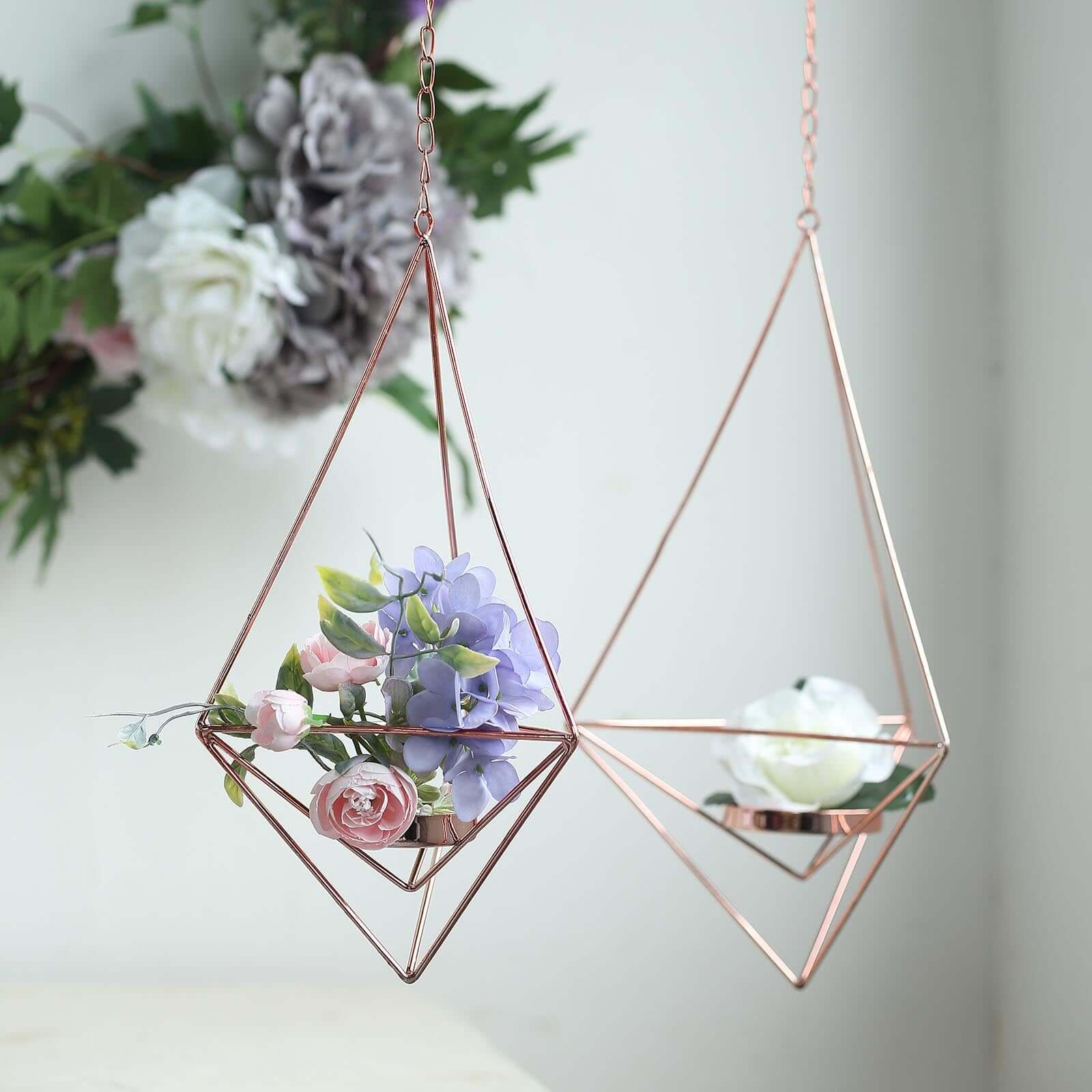 Set of 2 Hanging Tealight Candle Holders Rose Gold Metal Diamond Geometric Open Frame - Flower Terrariums 12, 15