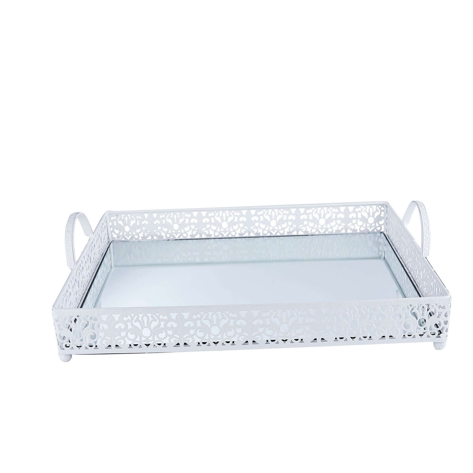 Metal Mirrored Rectangle Serving Tray 16x12 in White Fleur De Lis Design with Handles, French Inspired Decorative Vanity Tray Centerpiece