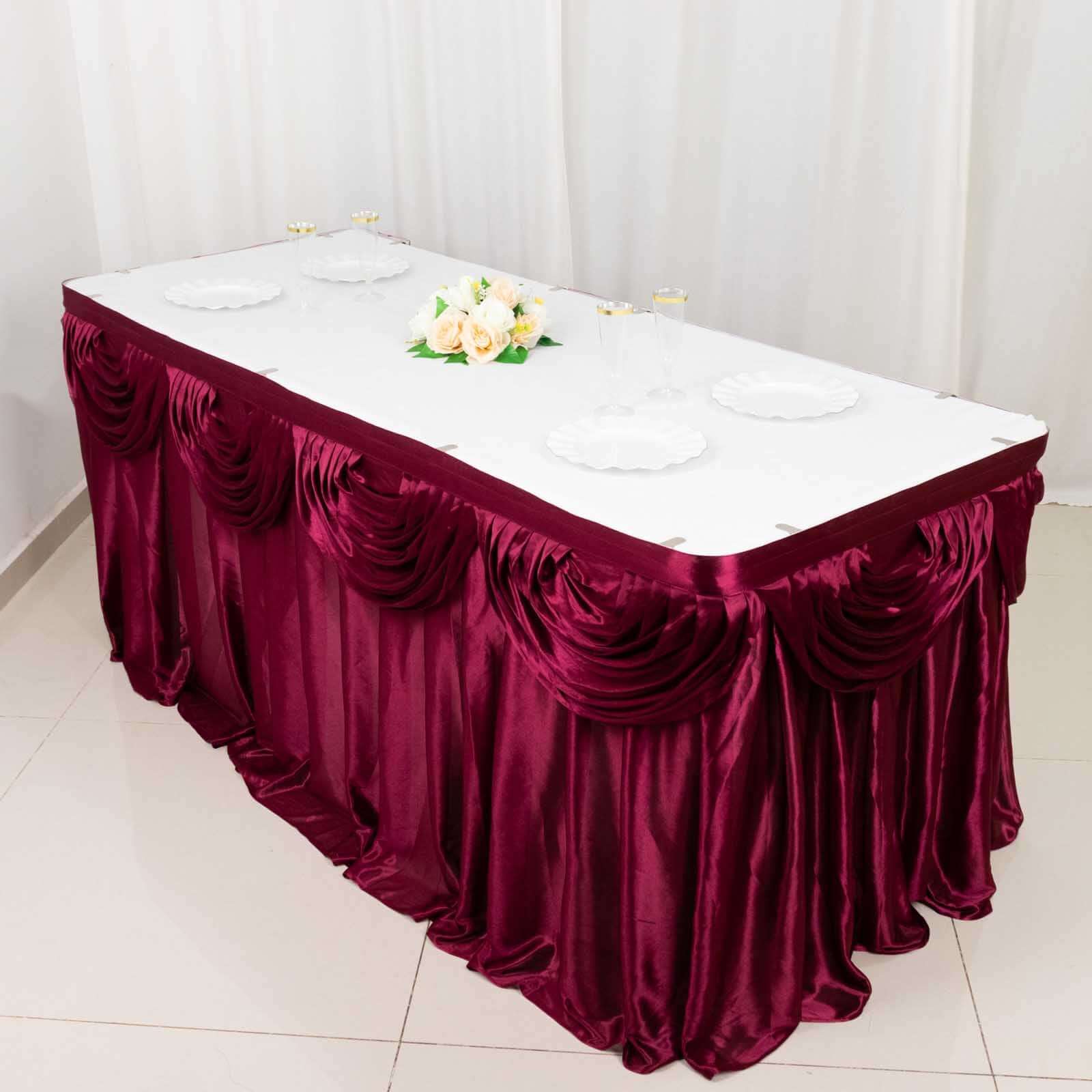 Satin 14ft Table Skirt Burgundy - Pleated Double Drape Table Cover