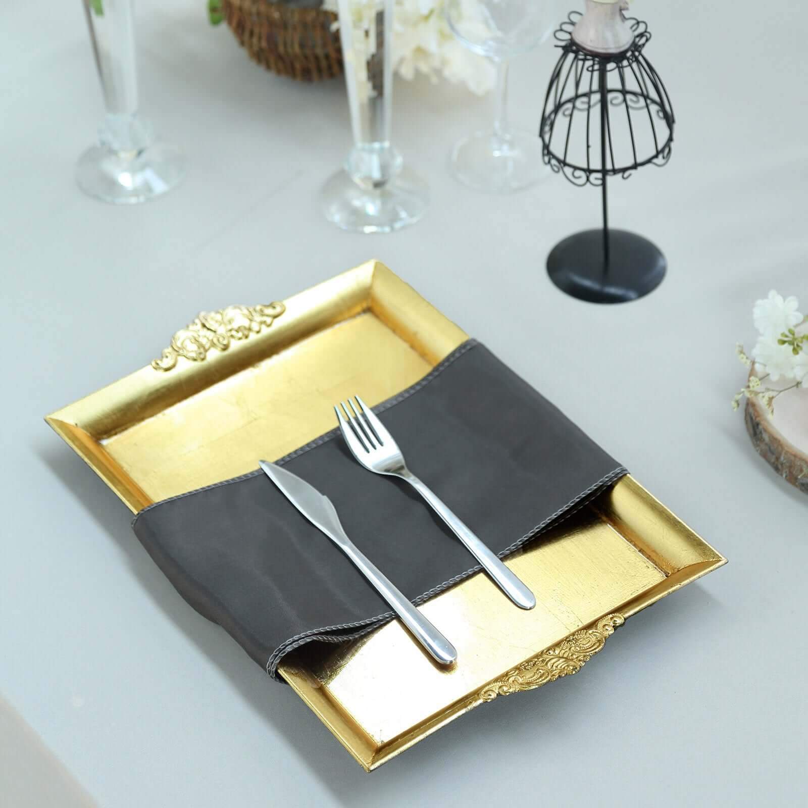 2-Pack Acrylic Rectangle Serving Trays 14x10 in Gold with Embossed Handles, Sleek Decorative Dinner Party Food Platters