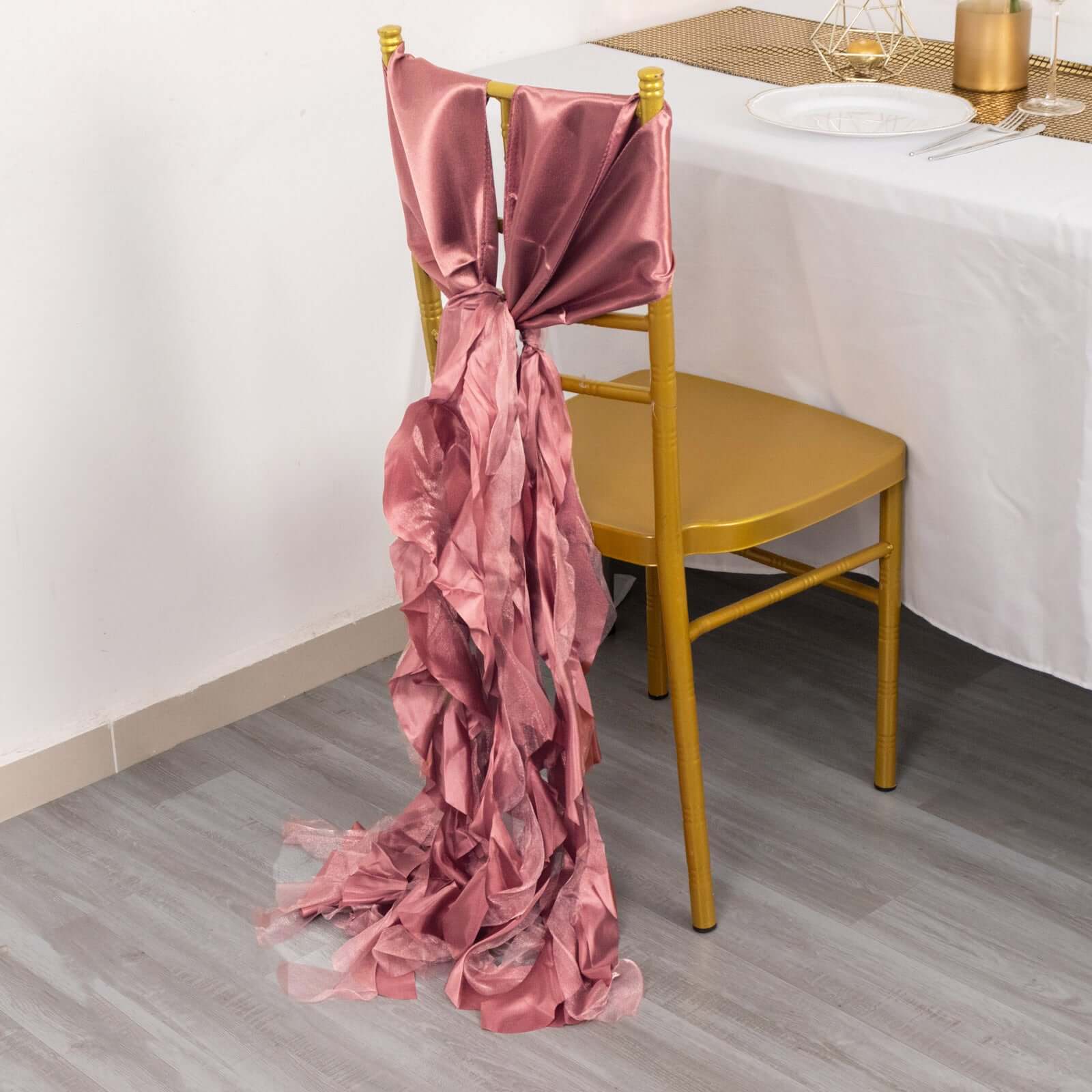 5 Pack Chiffon Satin Chair Sashes Cinnamon Rose - Easy to Install Ruffled Curly Willow