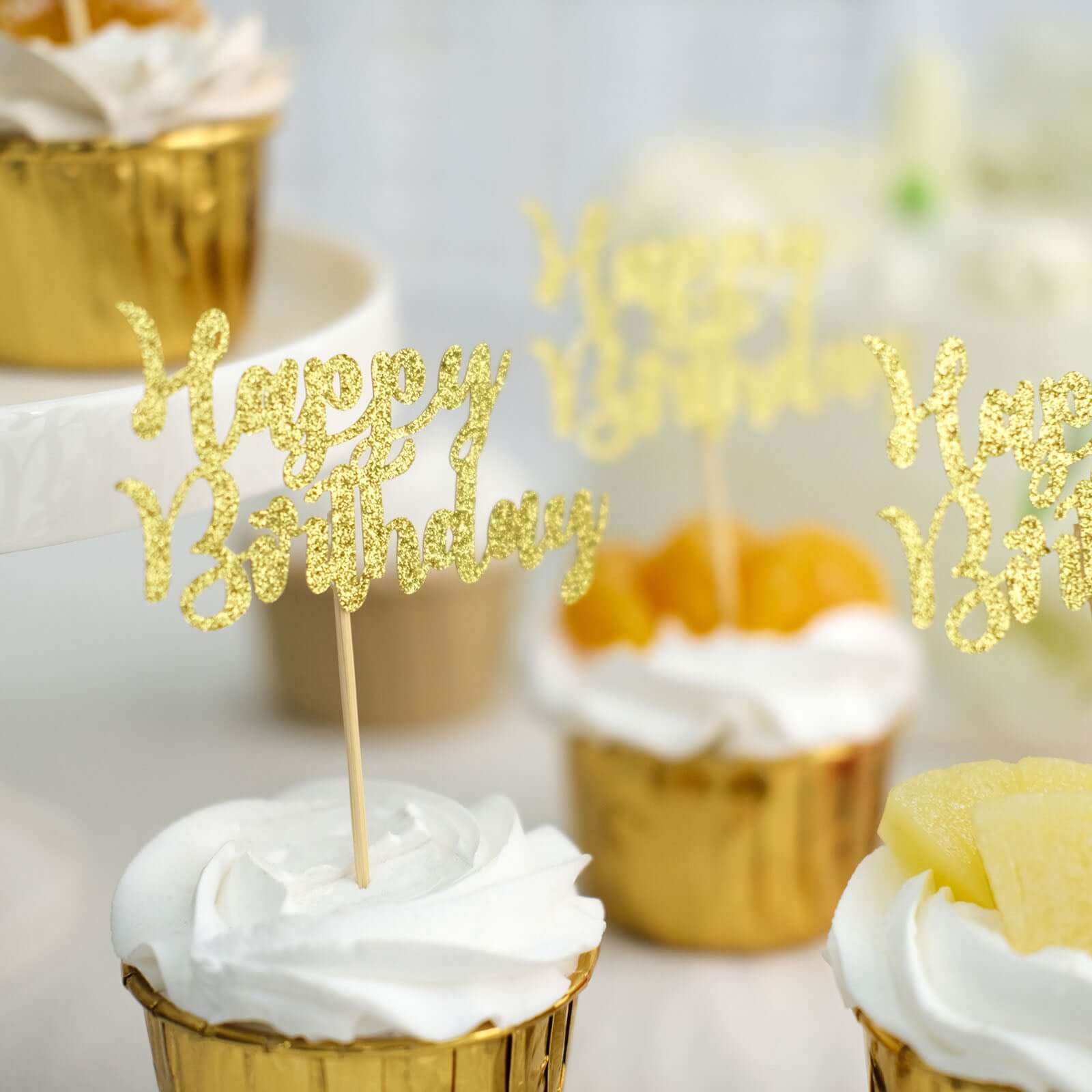 24-Pack Cupcake Toppers Happy Birthday Design Glitter Gold - Party Cake Picks Decoration Supplies