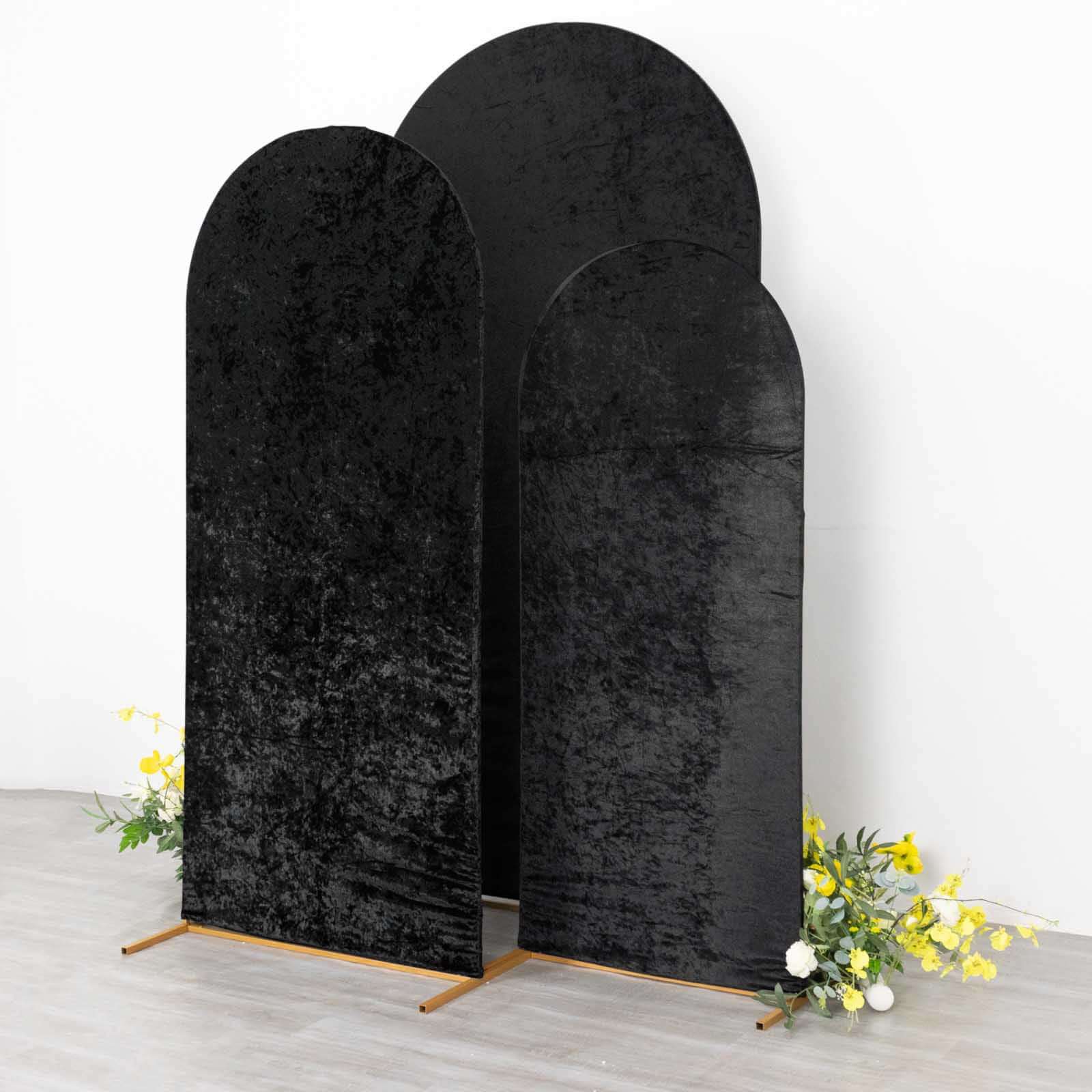 Set of 3 Black Crushed Velvet Chiara Backdrop Stand Covers For Round Top Wedding Arches - 5ft, 6ft, 7ft