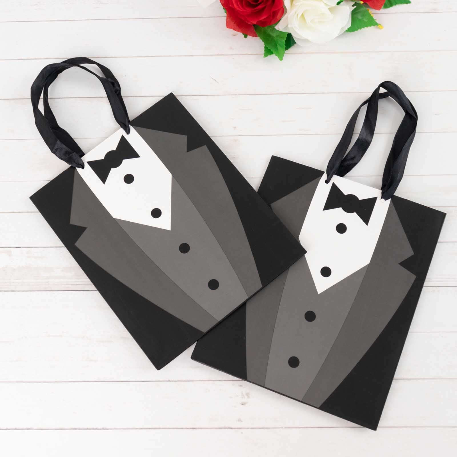 12 Pack White Black Tuxedo Paper Party Favor Goodie Bags With Satin Handles, Reusable Wedding Gift Tote Bags - 8x9