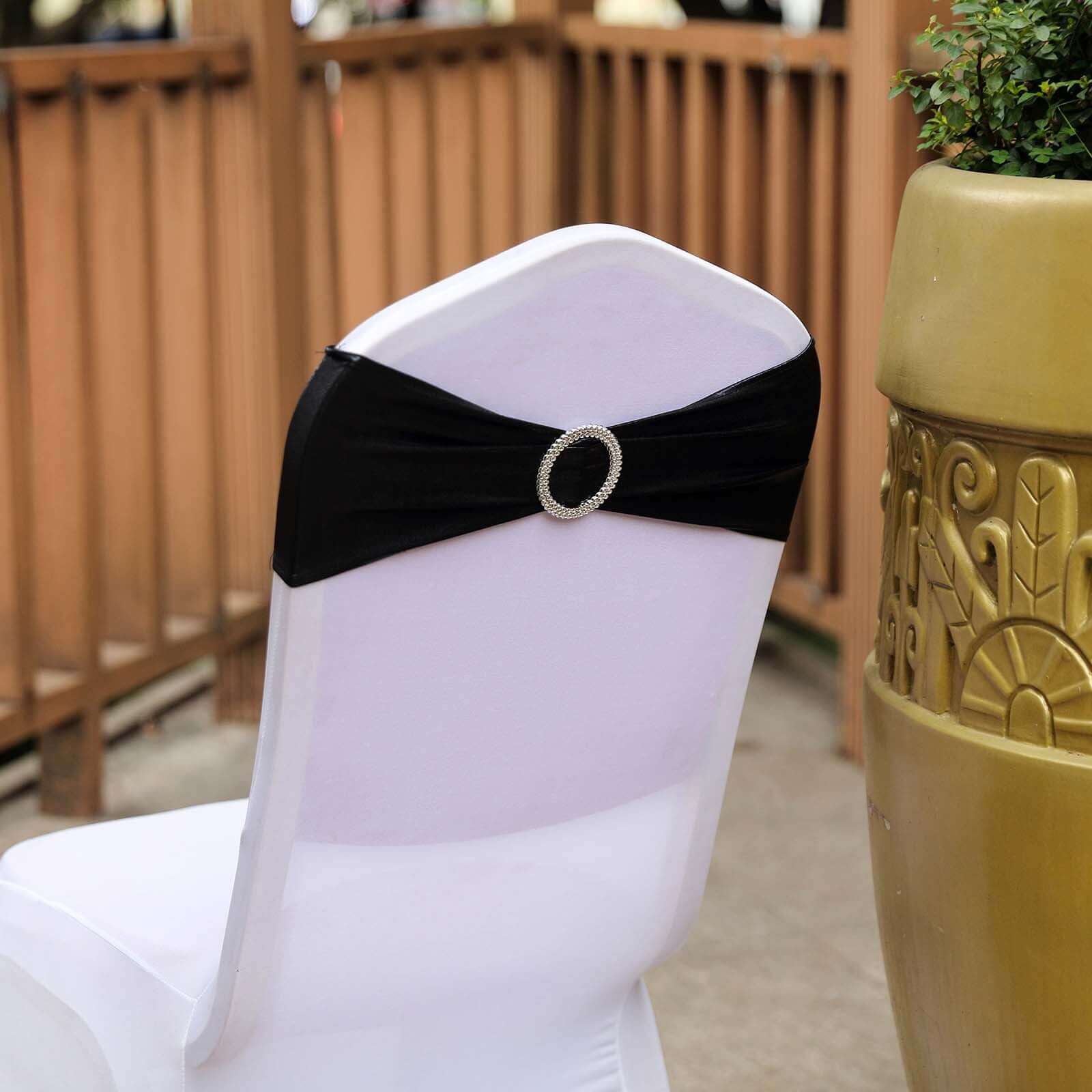 5 Pack Metallic Spandex Chair Sashes Black - Stretch Fit Chair Bands With Round Diamond Buckles for Glamorous Event Decor