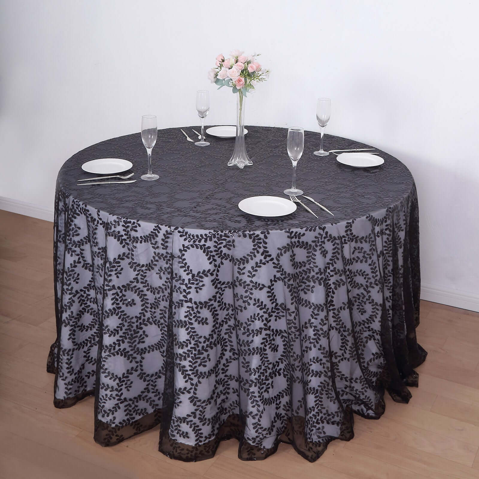 Tulle 120 Round Tablecloth Black - Seamless Sequin Leaf Embroidered Table Cover