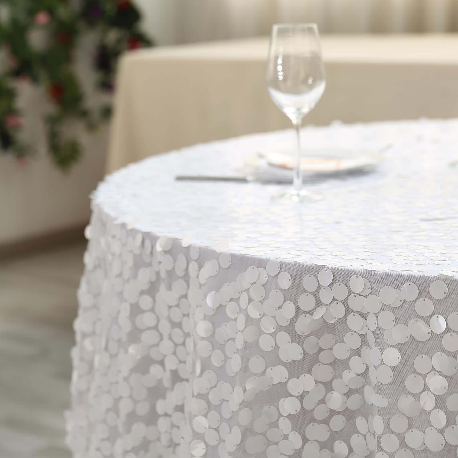 Sequin 72x72 Table Overlay Square Tablecloth White - Big Payette Design for Classy Celebrations