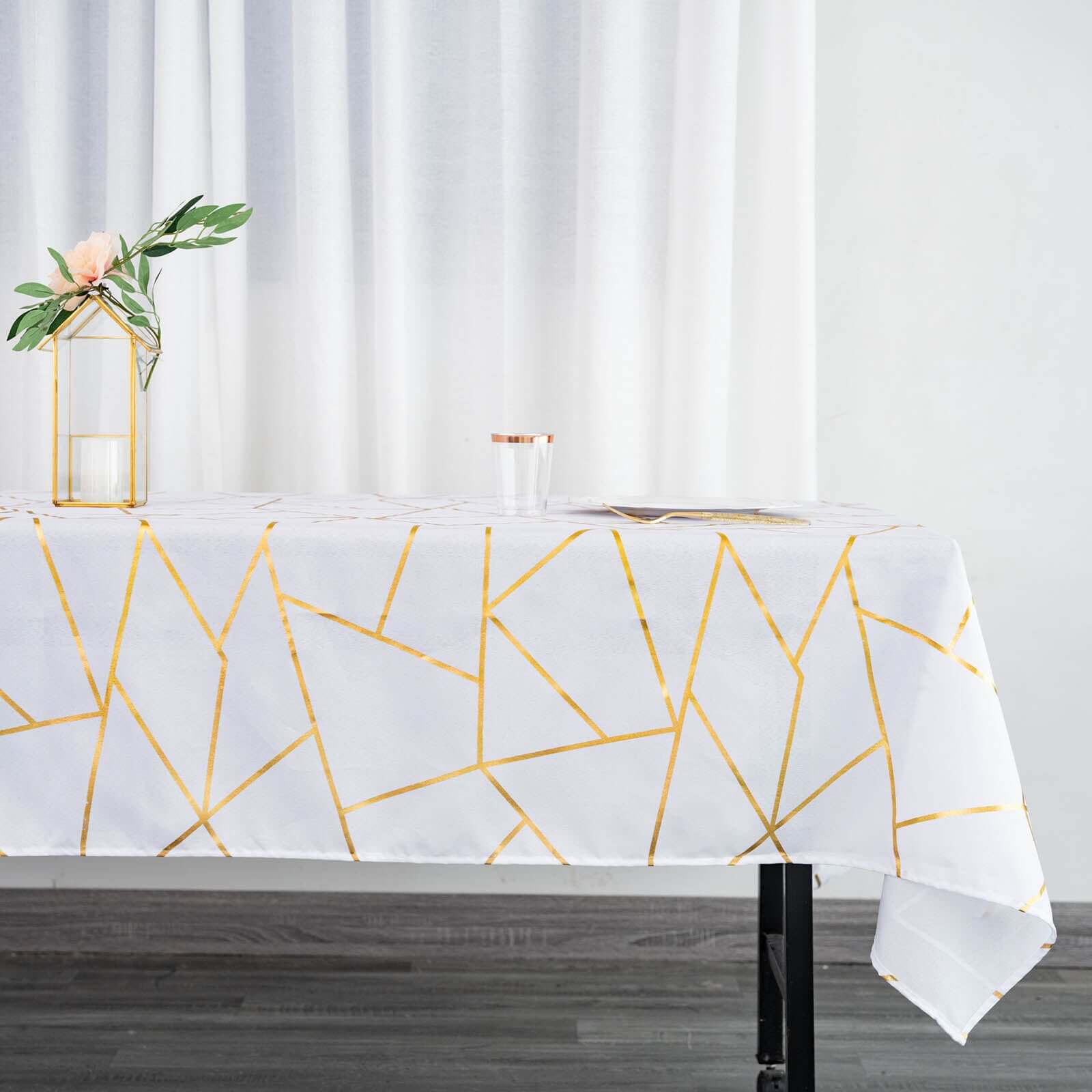 Polyester 60x102 Rectangle Tablecloth White with Gold Foil Geometric Pattern - Wrinkle-Resistant and Durable Table Cover for Weddings & Events