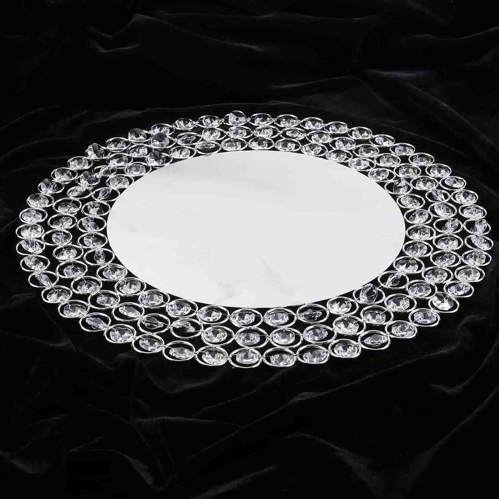 Wired Metal Round Charger Plate 14 in SIlver with Acrylic Crystal Beads, Glamorous Decorative Dinner Charger Tableware