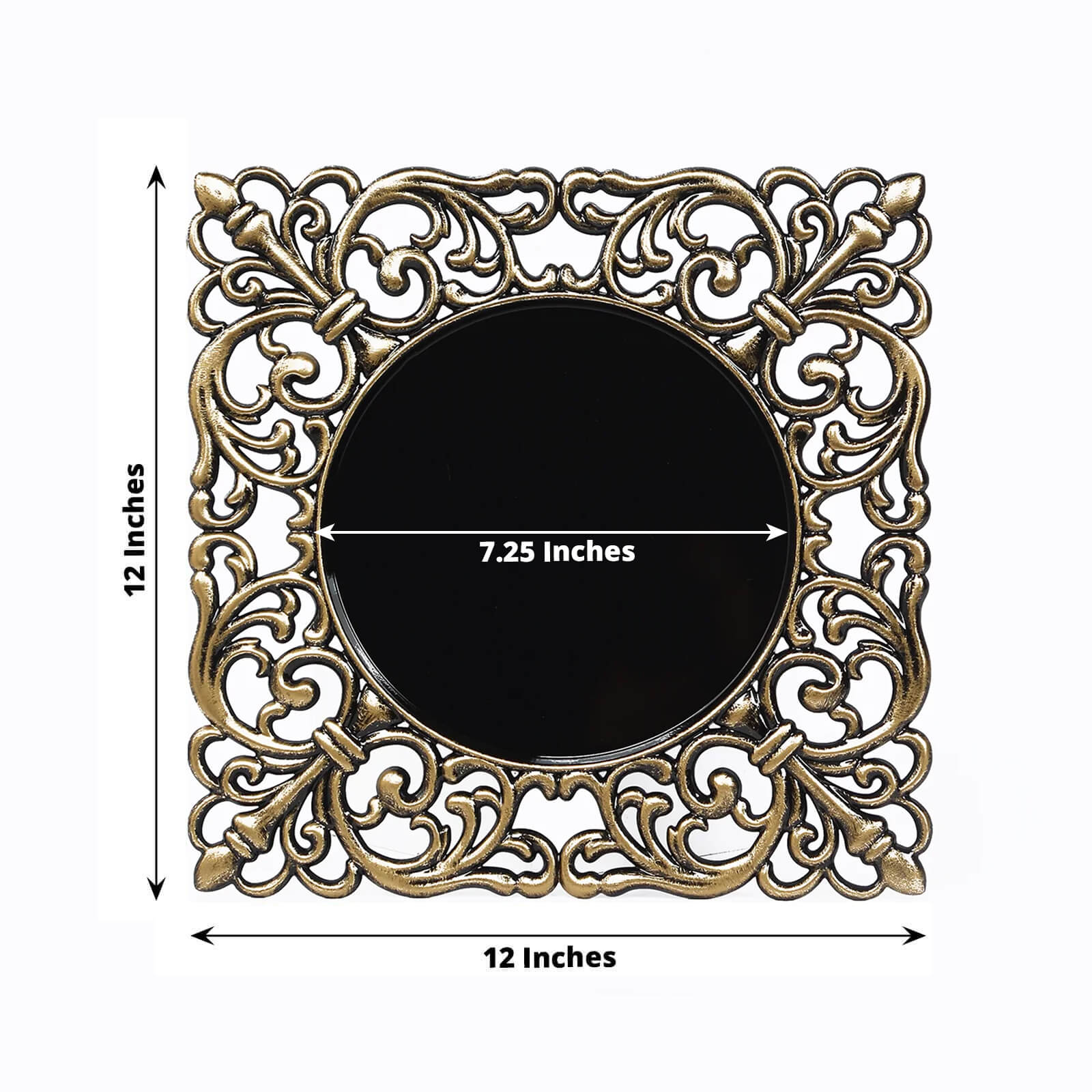 6-Pack Acrylic Square Charger Plates 12 in Black with Antique Gold Hollow Lace Border, Event Tabletop Decorative Charger Tableware