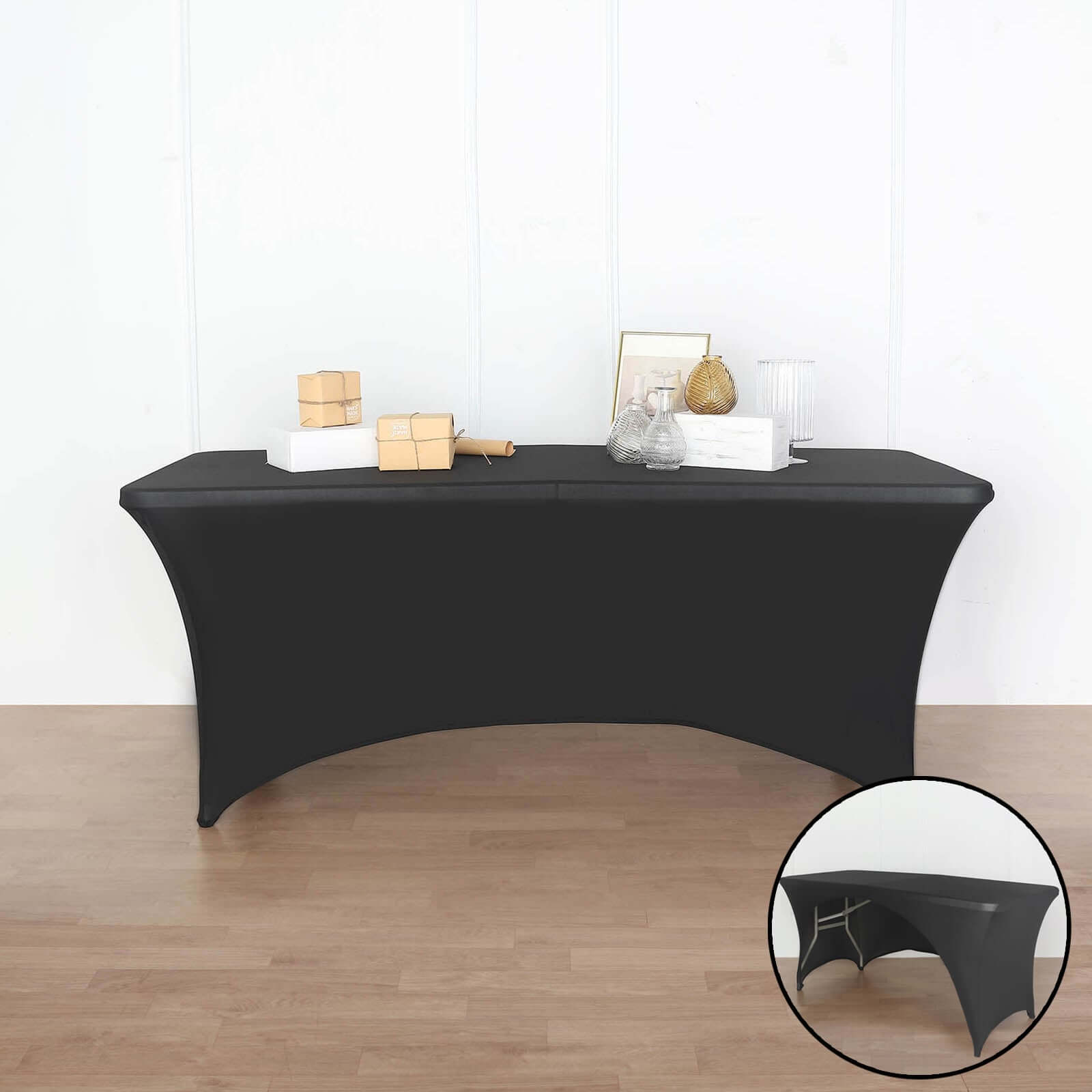 Stretch Spandex 96x30 Rectangle Table Cover Black with Curved Open Back Design Tailored Professional Look for Tradeshows, Events & Exhibitions