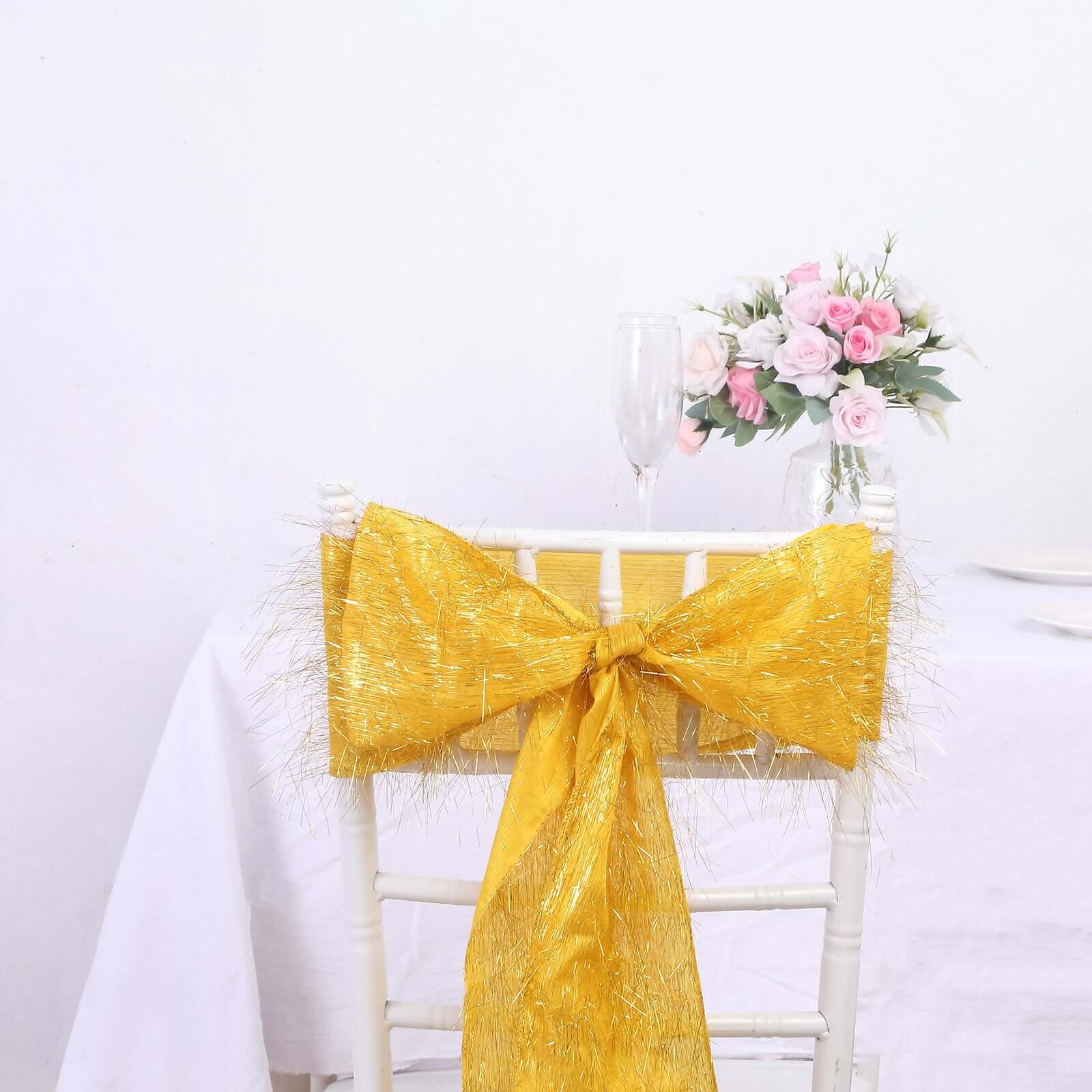 5 Pack Polyester Chair Sashes Gold Metallic Tinsel Fringe - Easy to Use Sparkly Chair Bows 6x108