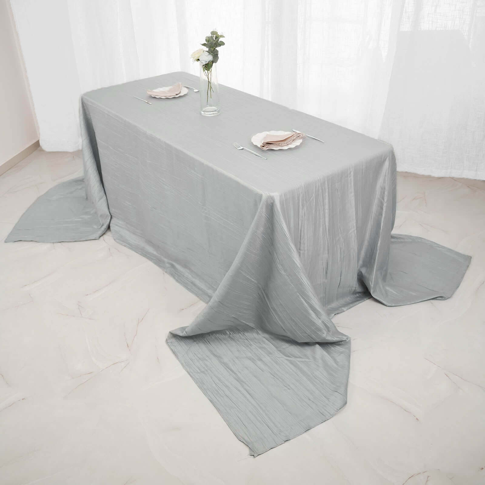 Taffeta 90x156 Rectangle Tablecloth Silver - Accordion Crinkle Seamless Table Cover