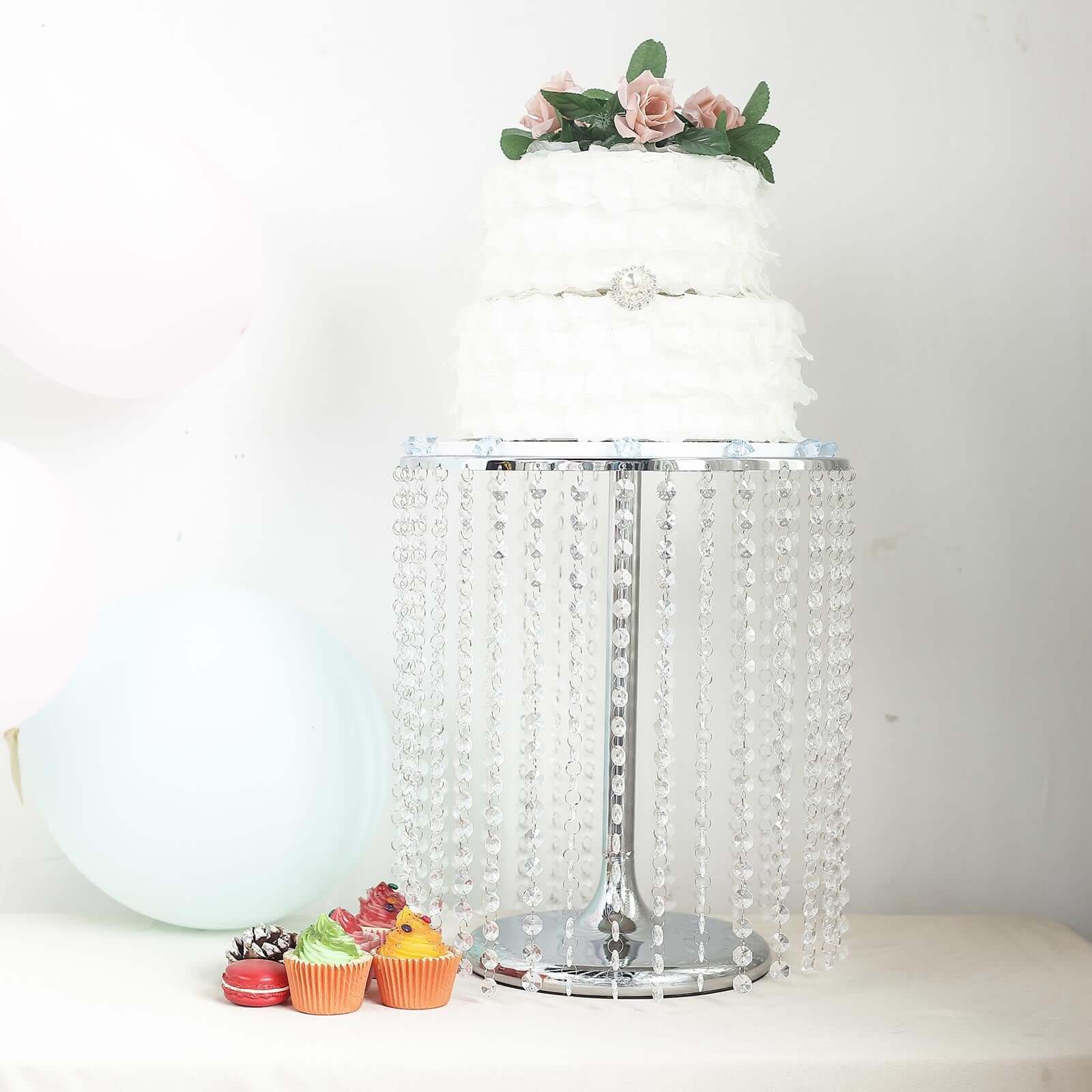 Metal Cake Stand Round Design Metallic Silver with Crystal Chains 14 Dia - Cupcake Dessert Pedestal 16Tall