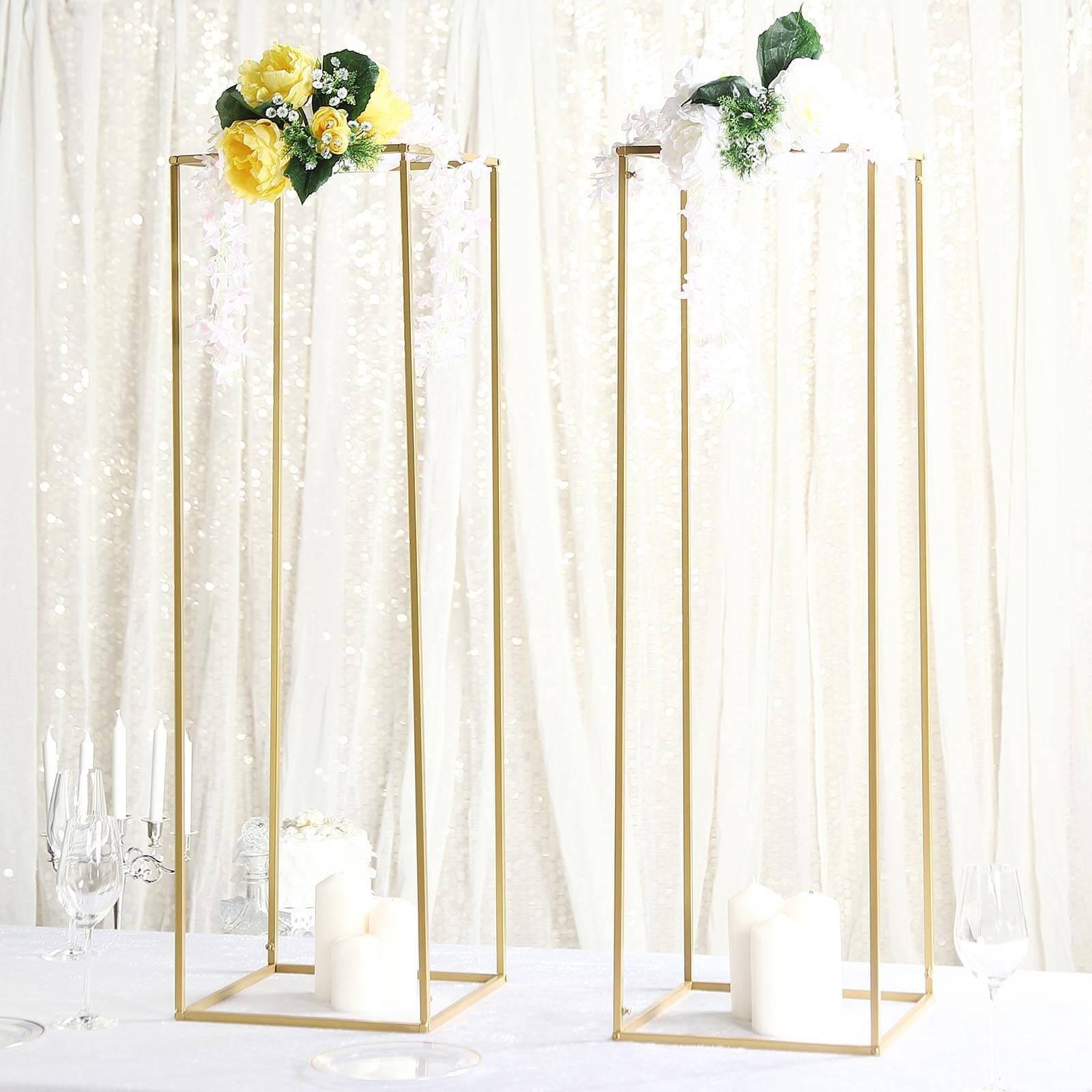 2-Pack Wedding Flower Stand Gold Metal Geometric Column Frame Rectangular - Versatile Floral Pedestal for Sophisticated Arrangements 40