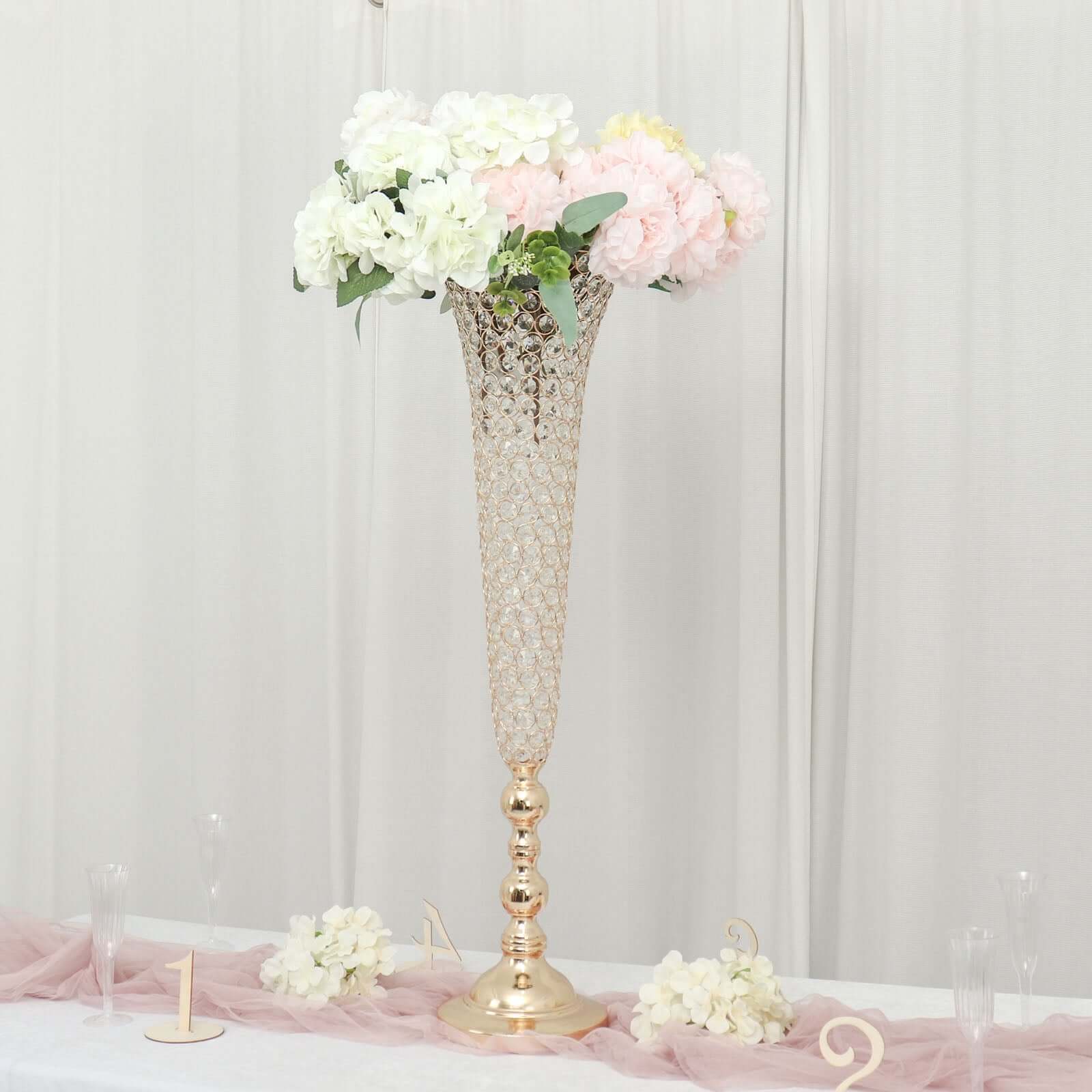 2-Pack Crystal Beaded Trumpet Vase Set Gold - Table Centerpiece for Grand Occasions 40