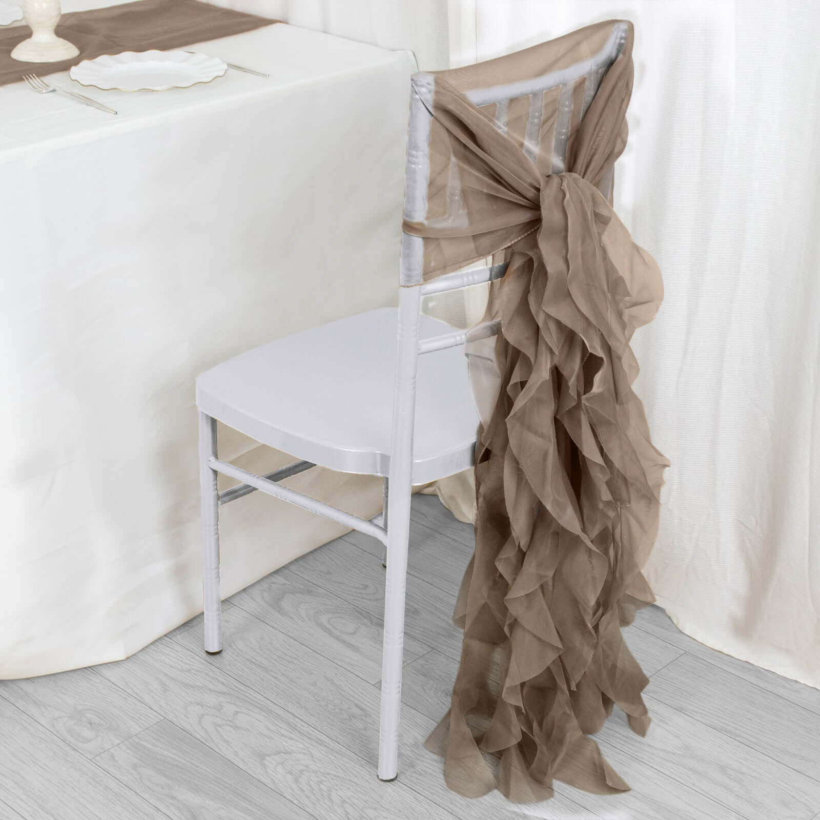 1 Set Chiffon Hoods Chair Sashes with Willow Ruffles Design Taupe - Stylish Chair Bow Decor