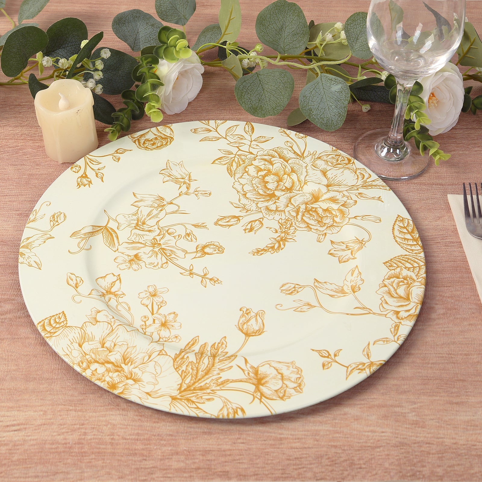 6-Pack Acrylic Round Charger Plates 13 in White with Gold Floral French Toile Pattern, Decorative Dinner Party Charger Tableware