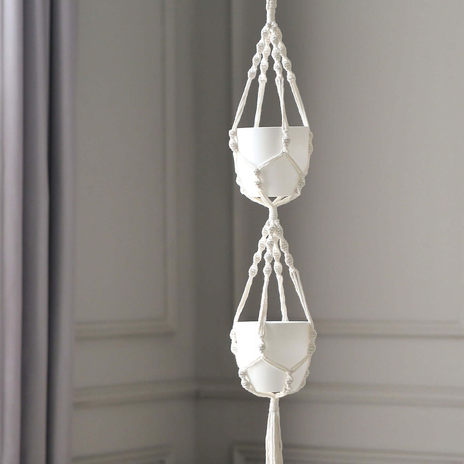 2-Tier Hanging Planter Basket with Tassels Ivory Double Boho Design - Cotton Rope Indoor Decorative Holders