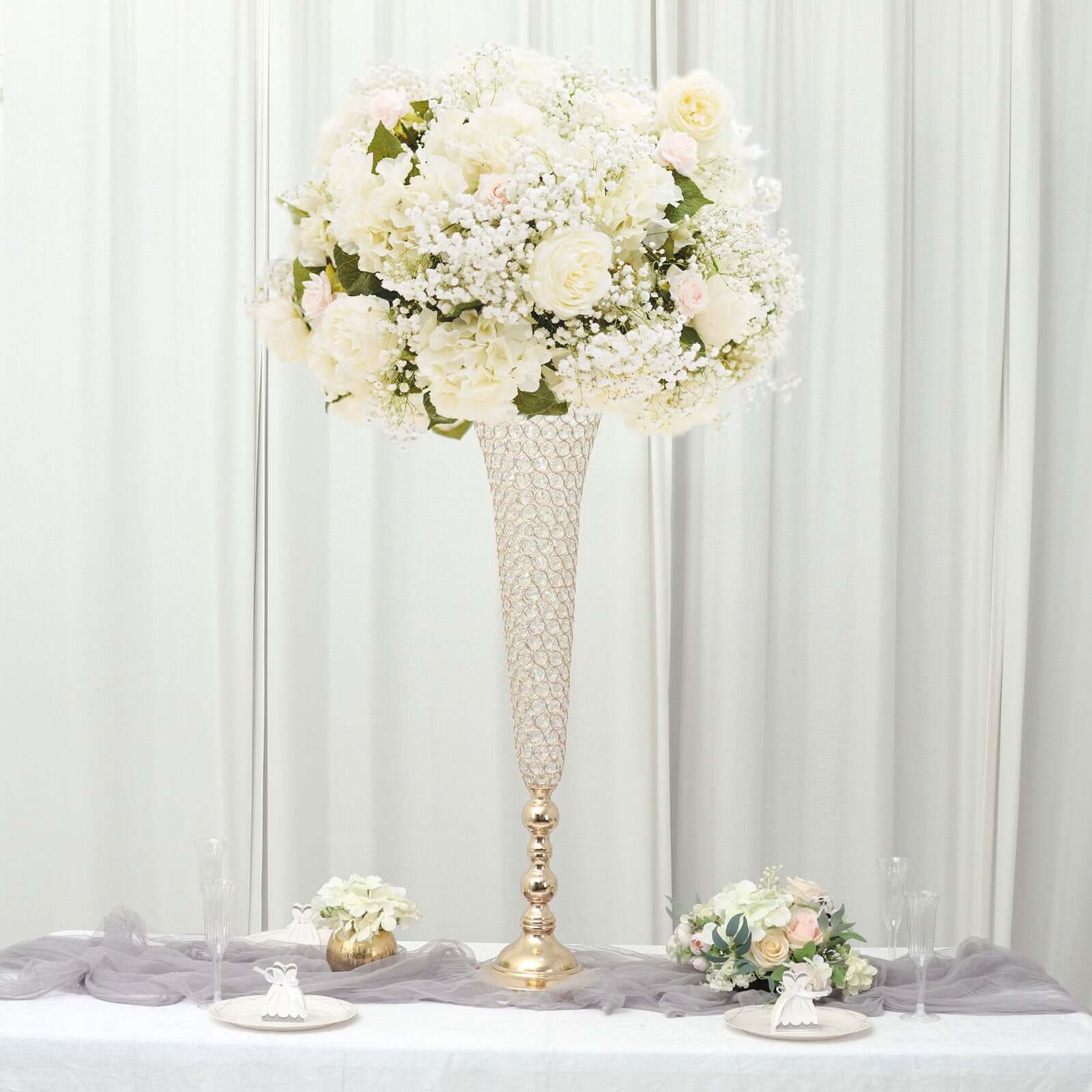 2-Pack Crystal Beaded Trumpet Vase Set Gold - Table Centerpiece for Grand Occasions 40