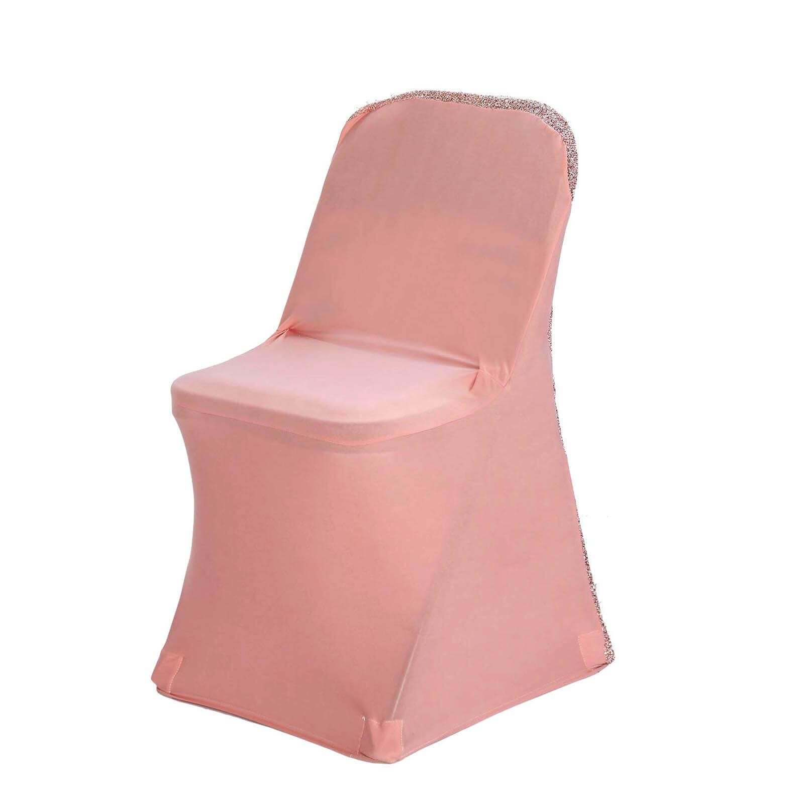 Stretch Spandex Chair Cover Rose Gold for Folding Chairs - Metallic Shimmer Tinsel Back Design Fitted Slipcover